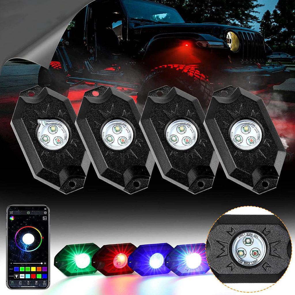 2Pcs 4FT RGB LED Whip Lights with Turn Signal & Brake Light + RGB LED Rock Lights Set - Bluetooth Controlled Car Underglow & Exterior Lighting for Off-Road Trucks, Jeeps & ATVs - Perfect for Night Driving, Car Shows & Off-Road Adventures
