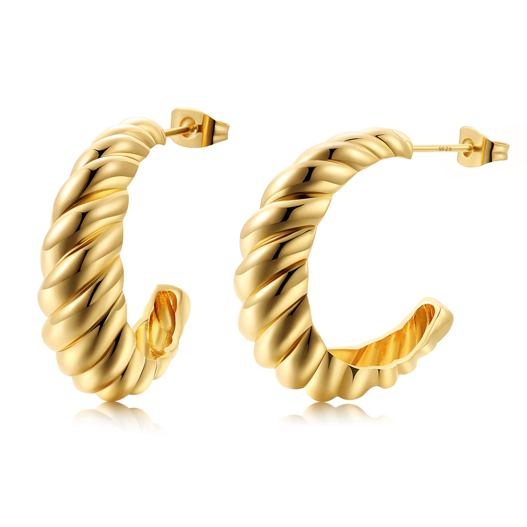 14K Gold Plated Croissant Earrings for Women - 925 Sterling Silver Twisted Hoop Earrings with CZ Stones | Chunky Huggie Hoops | Perfect Mother's Day Gift for Her | Elegant Everyday Wear & Special Occasions