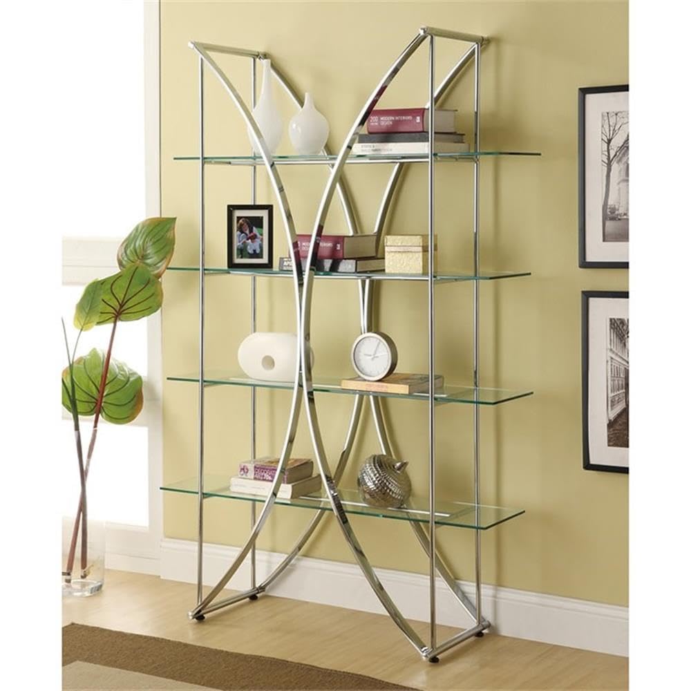 4 Shelf Floating Glass X Motif Bookcase - Chrome Finish Modern Bookshelf for Living Room, Bedroom & Office Storage