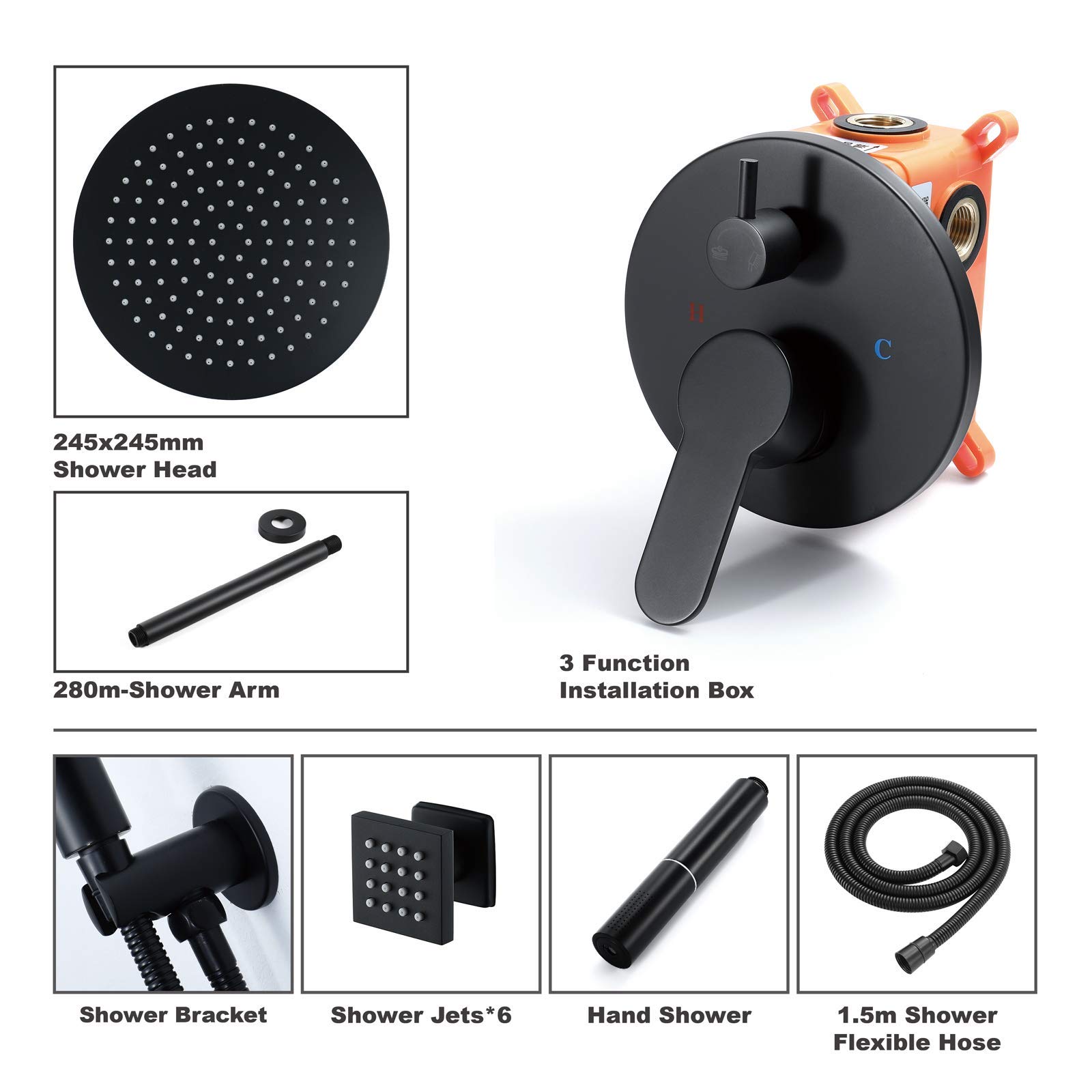 LUNEZY Black Rain Mixer Shower Combo Set - Ceiling Mounted Bathroom Shower Faucet with 10 Inch Round Rainfall Shower Head, Handheld Shower & Body Jets - Perfect for Luxury Spa-Like Bathroom Experience