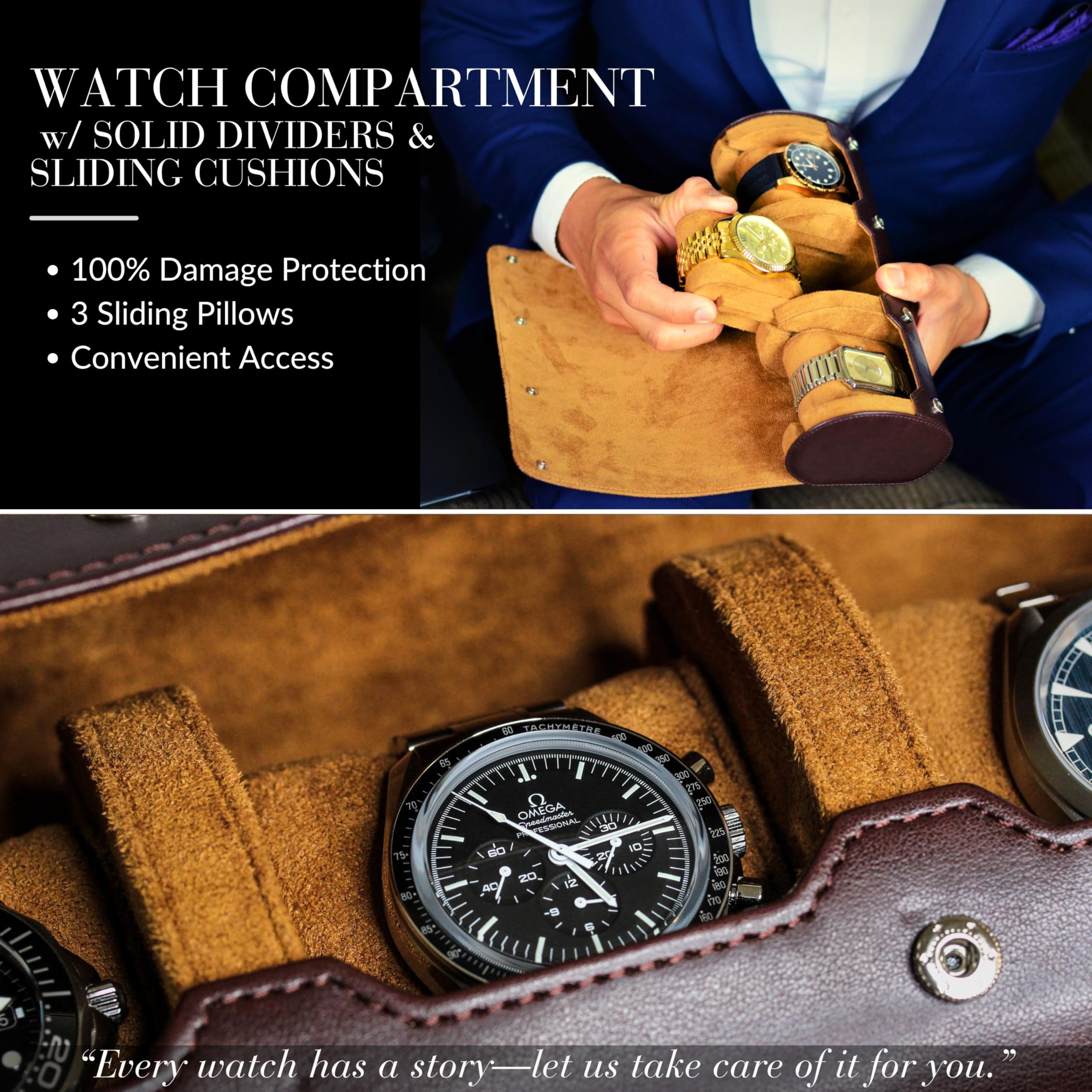 Premium Men's Travel Watch Case - Swiss Espresso Vegan Leather Watch Roll Organizer & Display Box | Perfect for Business Trips, Vacations & Watch Collection Storage