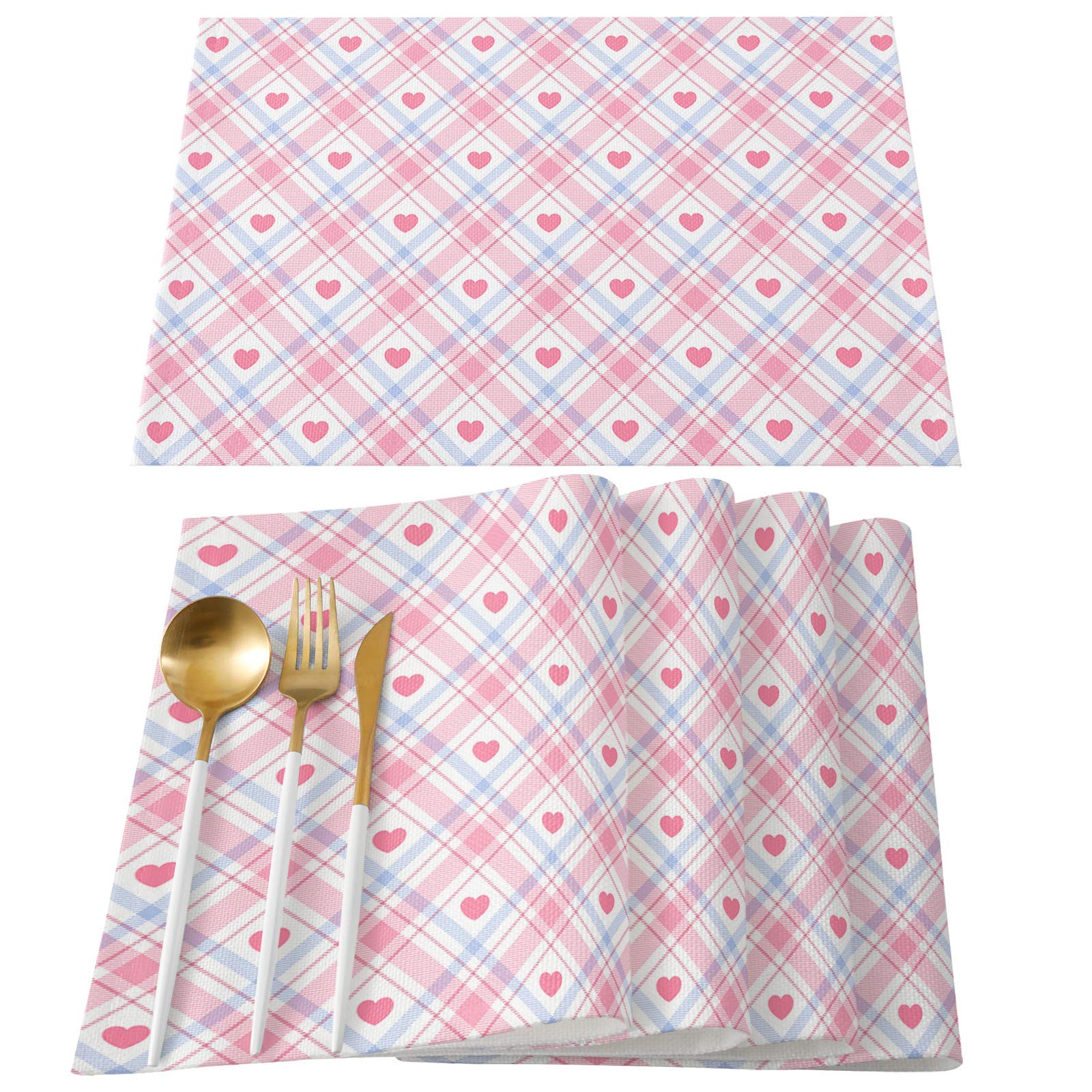 Pink Checkered Heart Placemats Set of 4 - Non-Slip Washable Dining Table Mats for Christmas, Holiday Banquet & Kitchen Decor - Cute Buffalo Plaid Lattice Design for Festive Gatherings & Everyday Meals