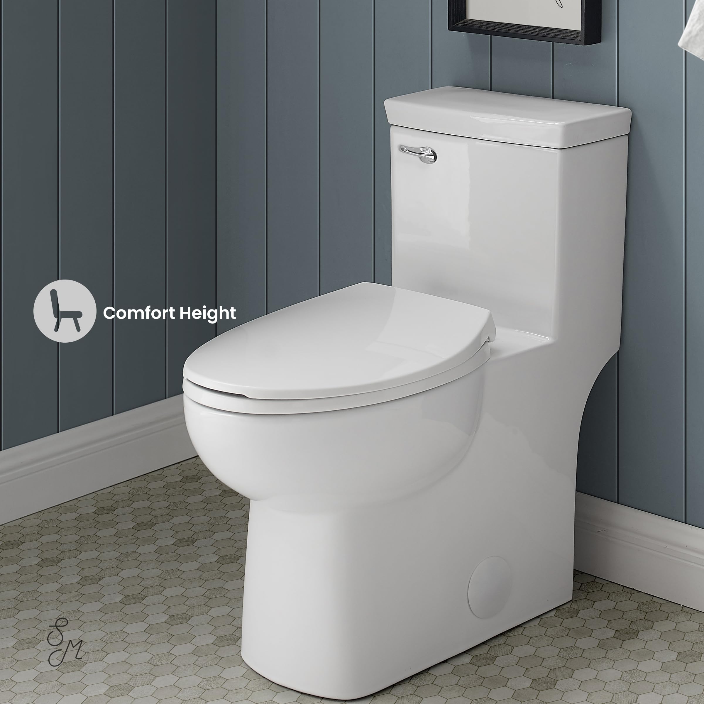 Swiss Madison SM-1T116 Classe One Piece Toilet - 1.28 GPF Water Efficient, Front Flush Handle, Glossy White - Perfect for Modern Bathrooms & Small Spaces
