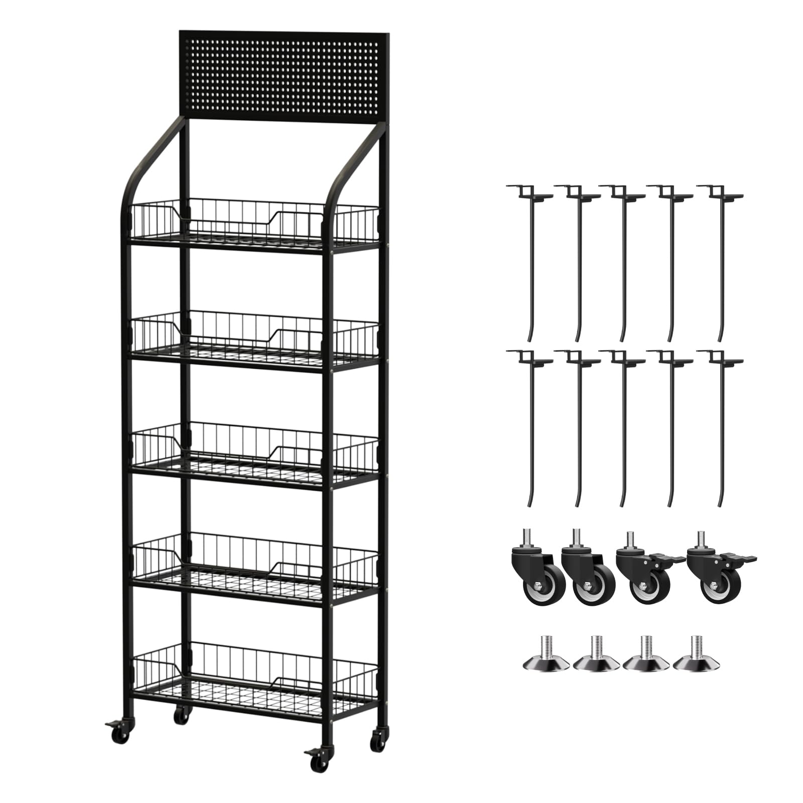 5-Tier Black Metal Candy Display Rack - 23.6x10.6x67 Inch Snack Organizer Stand for Retail Stores, Kitchen & Office - Sturdy Chip Shelf for Bread, Chips & Snacks Display - Perfect for Convenience Stores, Supermarkets & Cafeterias