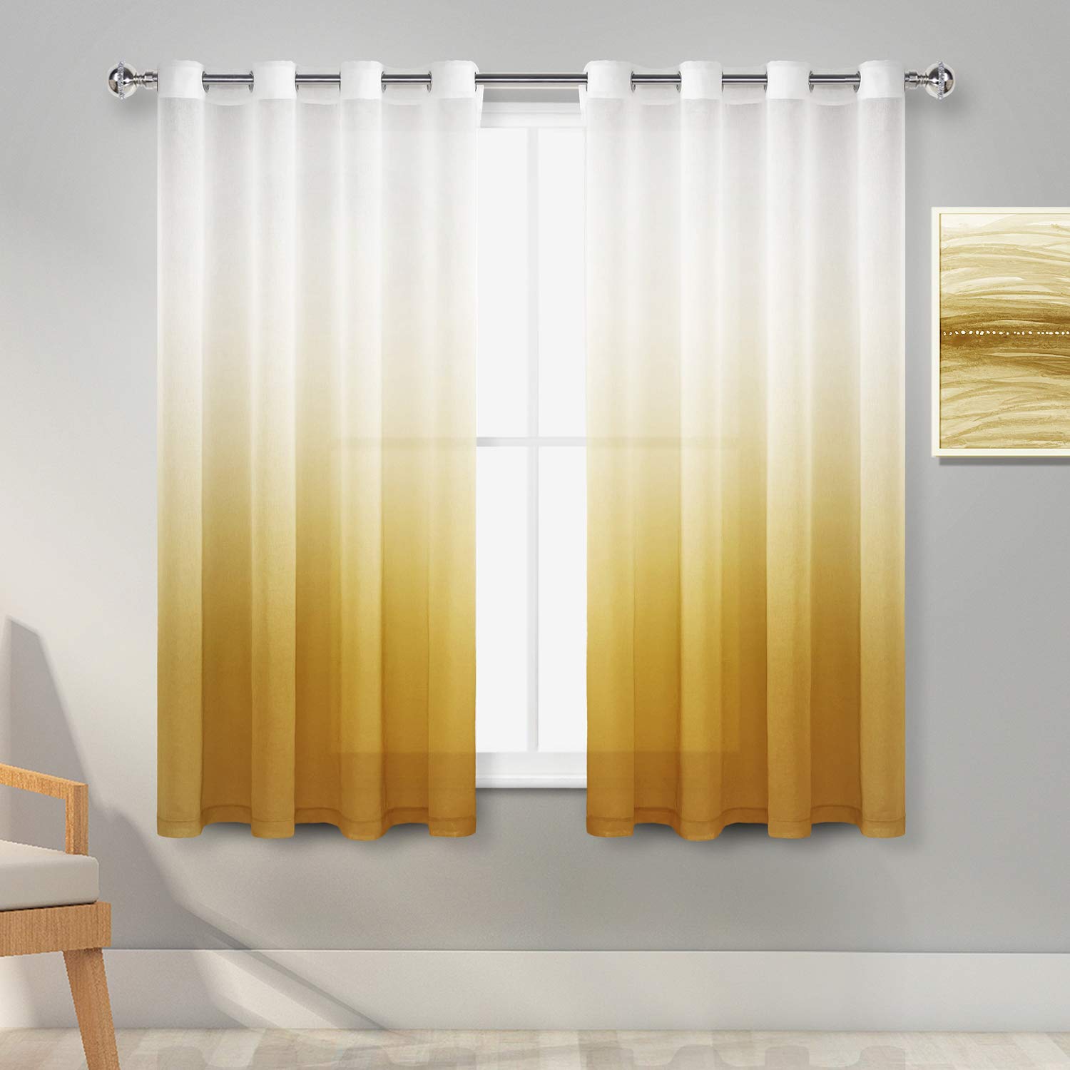 Faux Linen Ombre Sheer Curtains - Voile Decorative Grommet Window Drapes for Bedroom & Living Room, 52x54 Inch, Yellow, 2 Panels | Light Filtering & Privacy Sheers for Home Decor