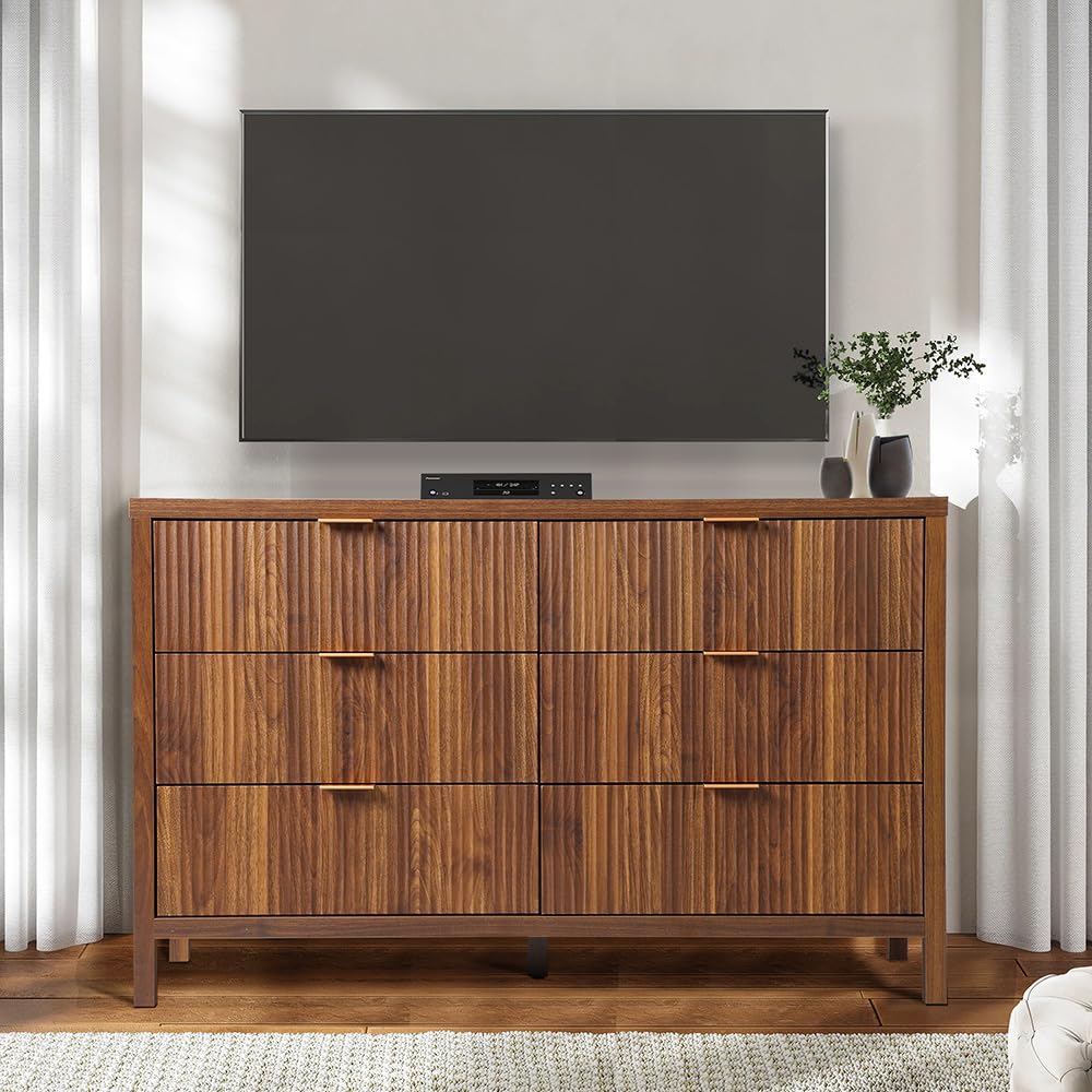 6 Drawer Solid Wood Dresser Cabinet - Farmhouse Style Nightstand with Storage, Mid Century Modern TV Stand for Bedroom & Closet Organization (Walnut) | Perfect for Bedroom, Living Room & Home Office Storage Solutions