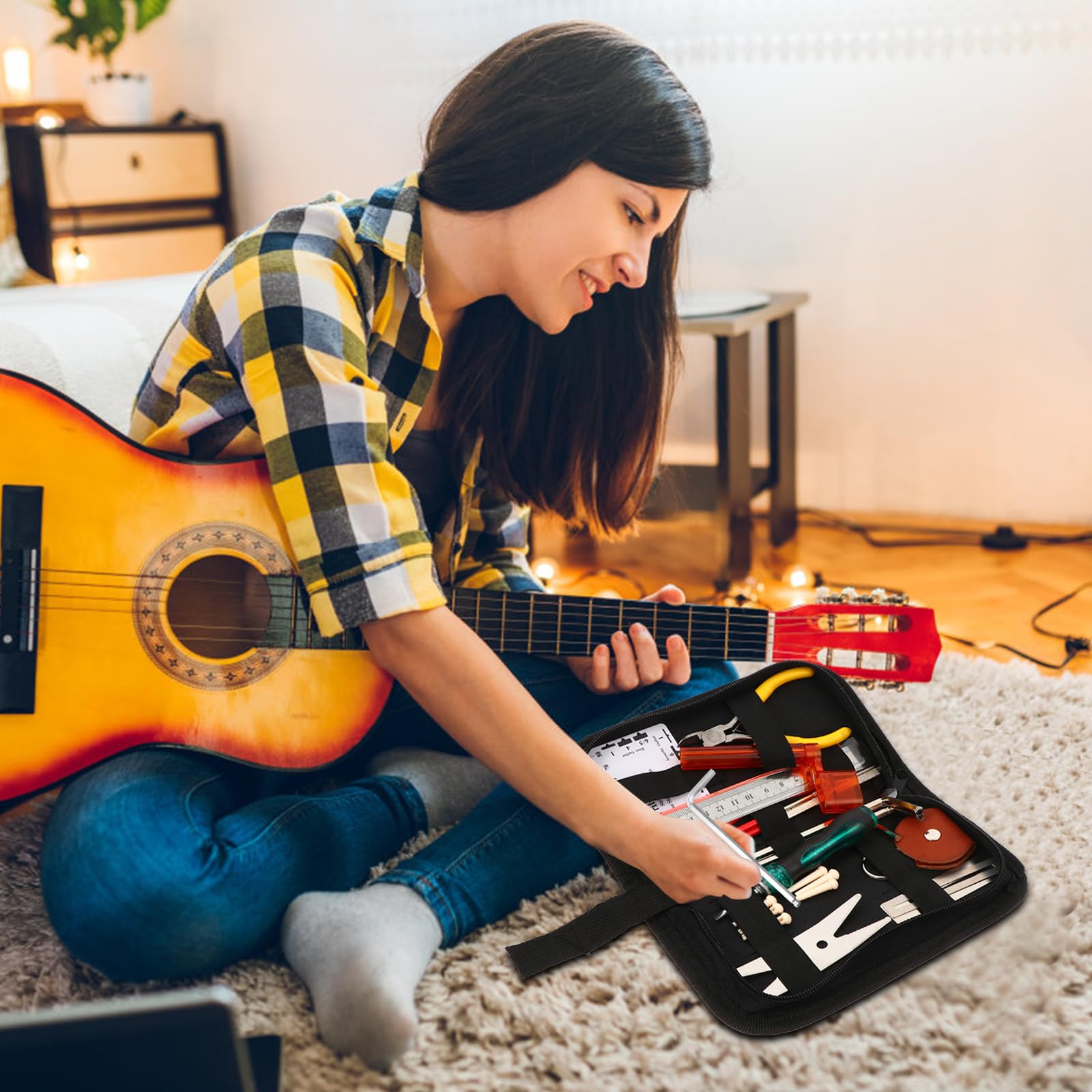 Foldable Guitar Accessory Organizer Bag - Black Storage Case for Picks, Strap, Capo & Strings | Easy Access Pockets | Perfect for Travel, Practice & Gig Storage