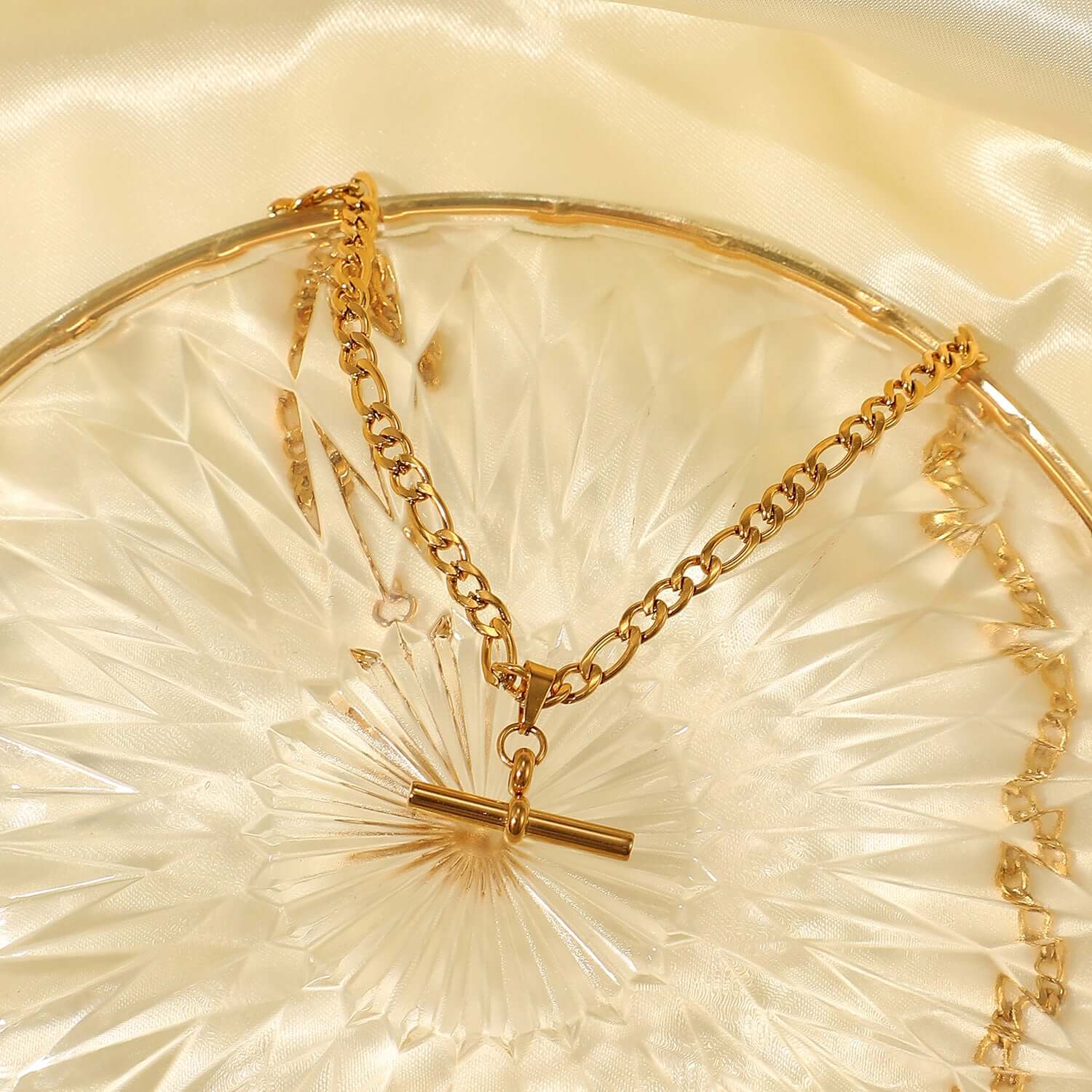 18K Gold Plated Figaro & Rope Chain T Bar Pendant Necklace for Women - Elegant Layering Jewelry Gift for Birthday, Anniversary & Valentine's Day | JDN735
