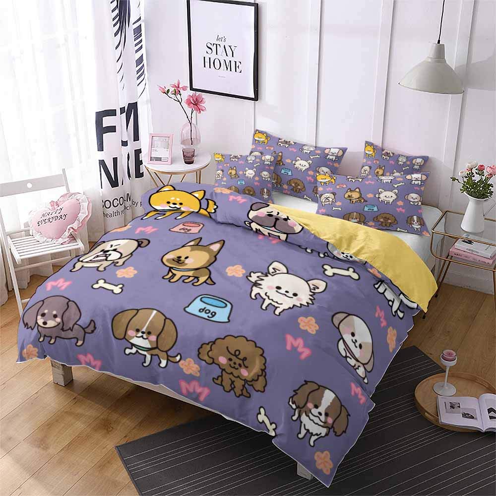 **REALIN Cartoon Pet Dog Duvet Cover Set – Cute Animal Print Bedding for Kids & Teens – 2/3/4PCS Quilt Cover, Sheets & Pillow Shams – Twin/Full/Queen/King Size (B, Full-200x229cm-4PCS) – Perfect for Kids' Rooms, Sleepovers & Cozy Bedrooms**