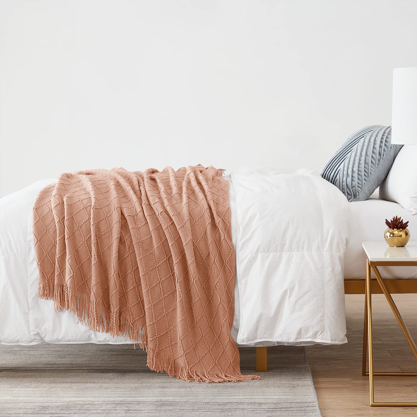 BOURINA Orange Knitted Throw Blanket 50x90 Inches - Soft Textured Solid Blanket for Sofa, Couch, Bed - Cozy Decorative Cover for Living Room, Bedroom & Home Decor