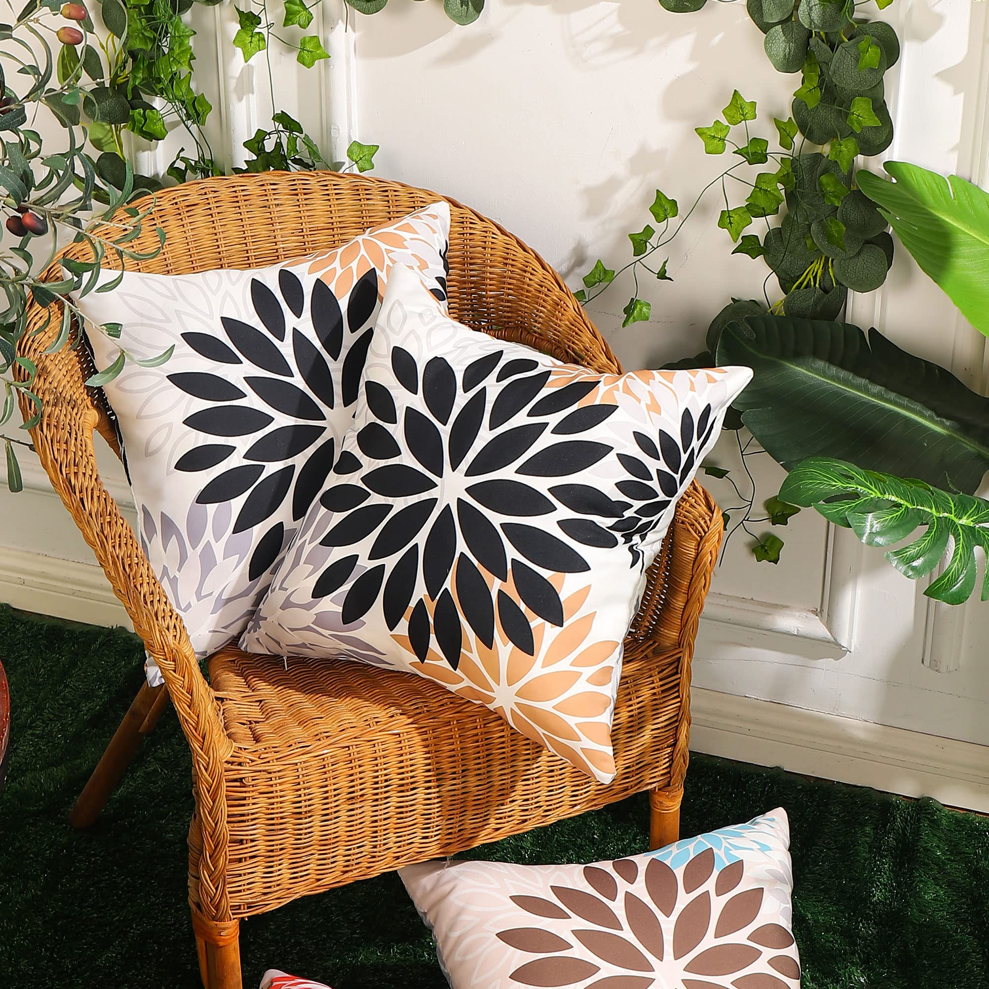 Premium Black Brown Outdoor Pillow Covers 18x18 Inch (Set of 2) - Farmhouse Modern Floral Polyester Square Cushion Cases - Waterproof & UV Resistant for Patio Furniture, Garden, Porch, Deck & Outdoor Decor