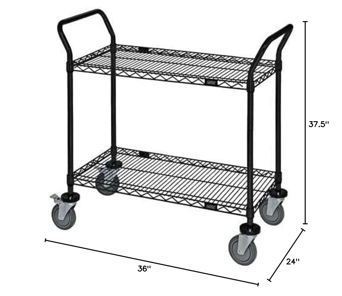 Quantum Storage Systems 2-Shelf Wire Cart - Heavy Duty Black Metal Utility Cart for Kitchen, Garage, Office, and Warehouse Organization