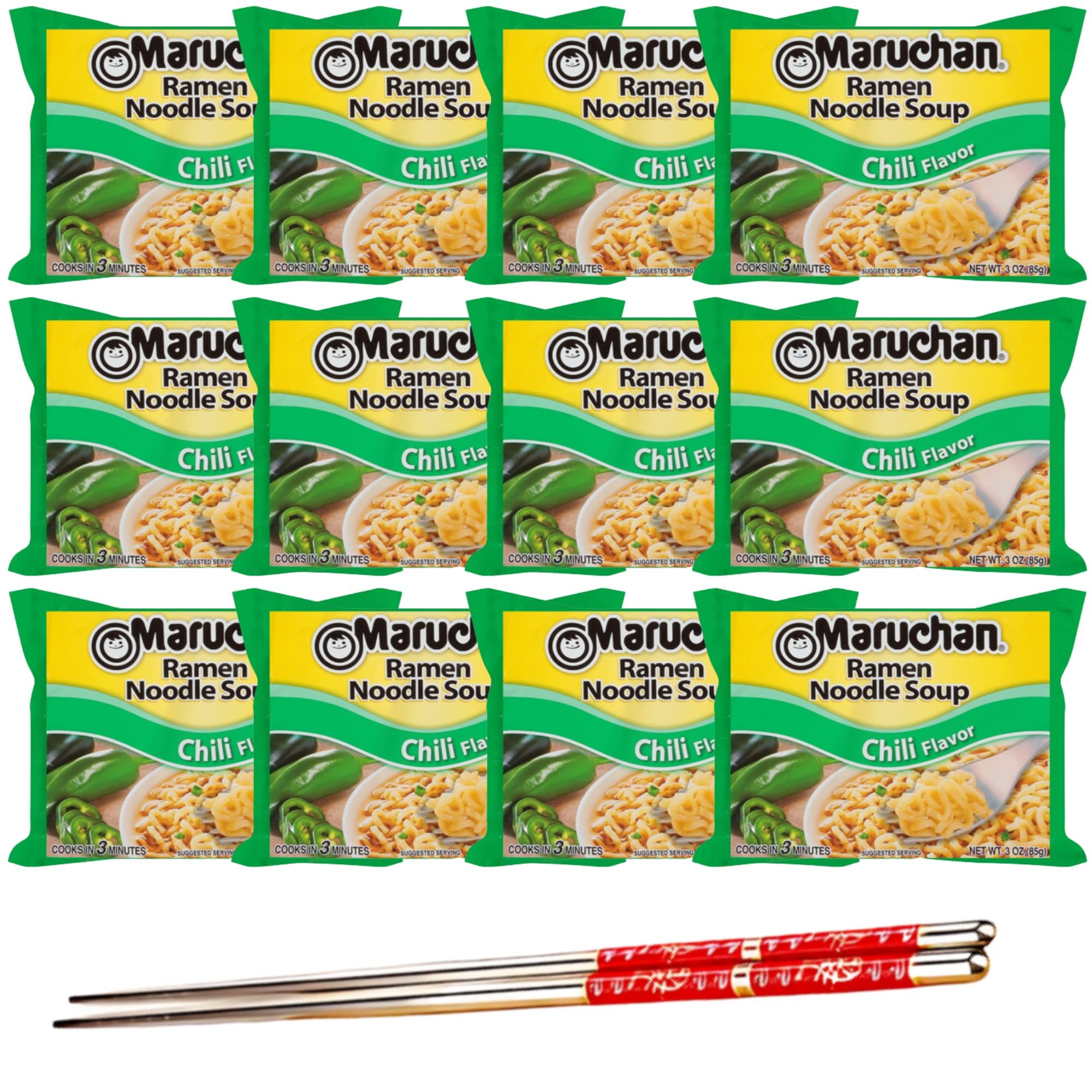 Ja’Cor Instant Ramen Noodle Soup 3 oz - Spicy Chili Flavor | Quick & Easy Lunch Meal | On-the-Go Snacks | Includes 12 Individual Packs + Reusable Chopsticks | Perfect for Office, Dorm, Camping & Emergency Food Supply