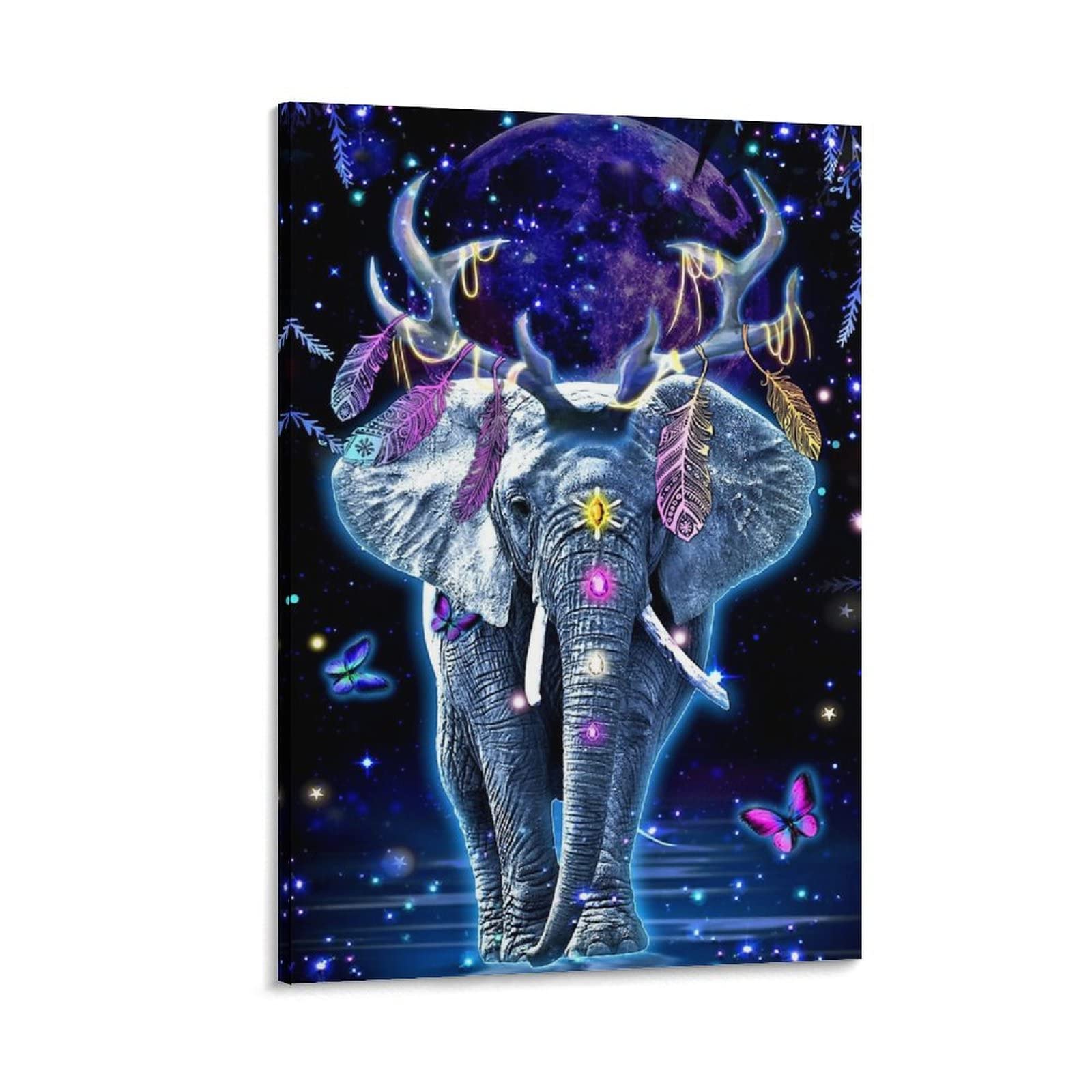 Vibrant Elephant Wall Art - Colorful Canvas Painting with Feathers & Antlers for Modern Living Room & Bedroom Decor (24x36 Inches) | Perfect for Boho Chic Home, Nursery, Office & Gift Ideas