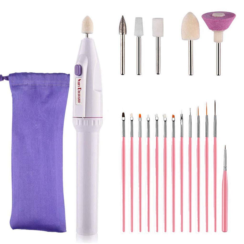 20Pcs Electric Nail Art Grinding Tips Set with Drill Machine & Pedicure Brush - Self-Adhesive Glitter Stones for Professional Manicure & Pedicure - Perfect for Home Salon, Nail Artists & DIY Beauty Care