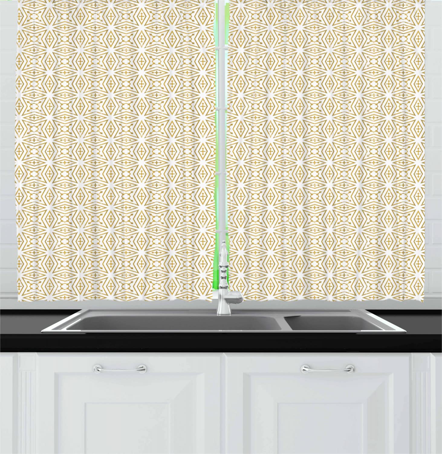 Ambesonne Geometric Long Kitchen Curtains - Girih Pattern Star Design Inspired by Ancient Ornaments - 2 Panel Rod Pocket Drapes 55