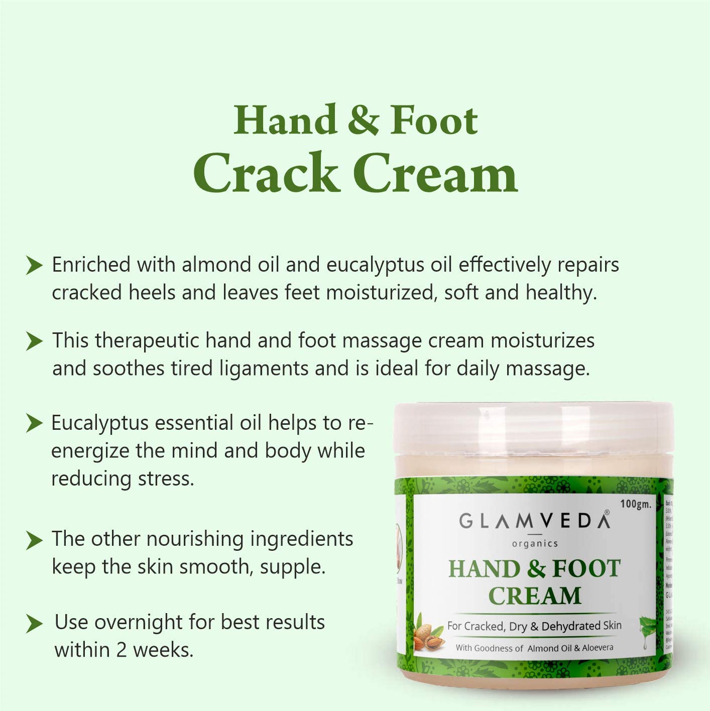 Glamveda Ayurvedic Hand & Foot Crack Cream - 100gm for Dry, Rough Skin & Cracked Heels - Paraben Free with Almond Oil, Aloe Vera & Mango Butter - Deep Moisturizing & Repairing Treatment - Perfect for Winter Care & Overnight Healing