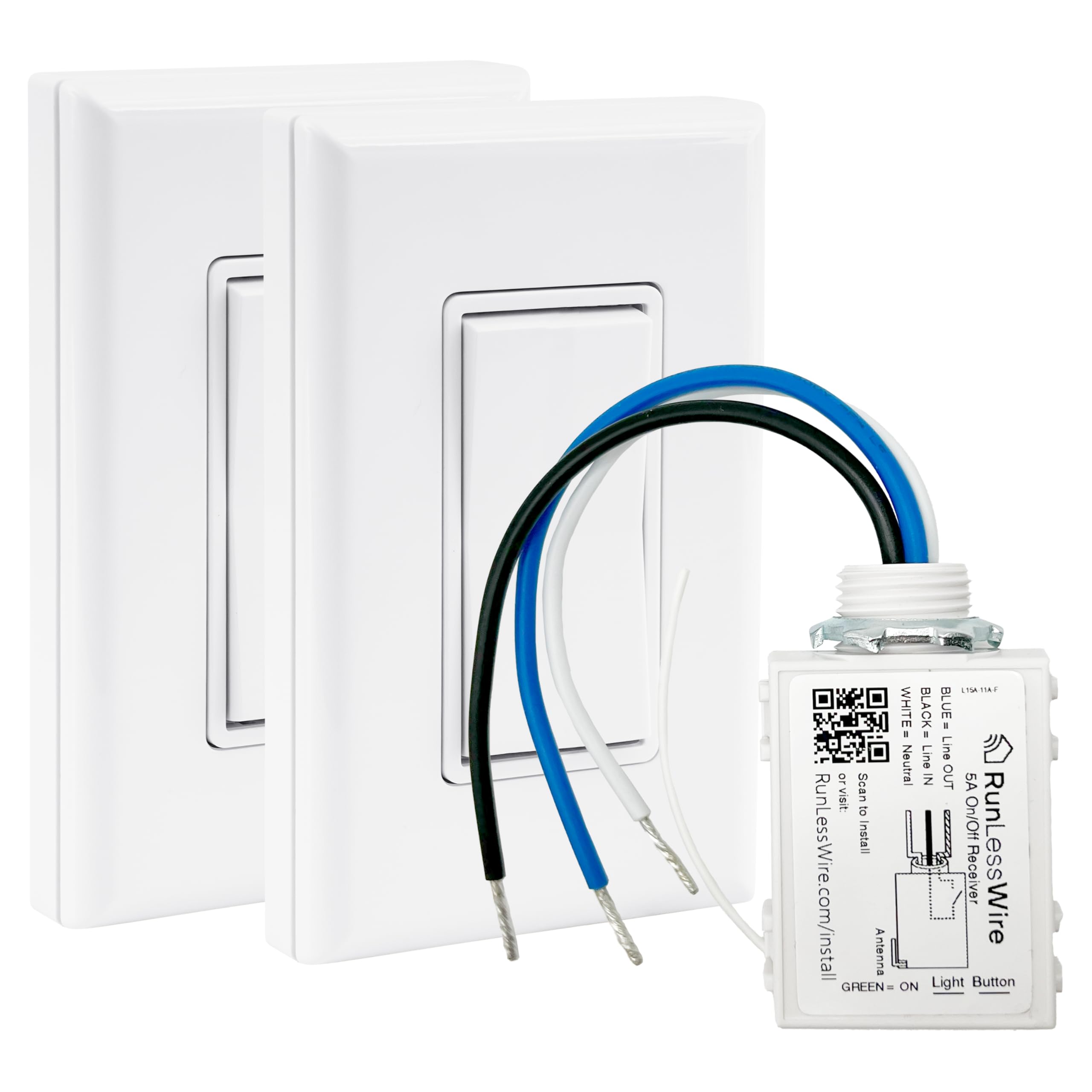 Self-Powered Wireless Light Switch Kit - No Batteries or WiFi Needed, 150+ft RF Range, DIY Installation - Includes 1 Receiver & 2 Switches for 3-Way Control (White) - Perfect for Home, Office, and Smart Lighting Upgrades