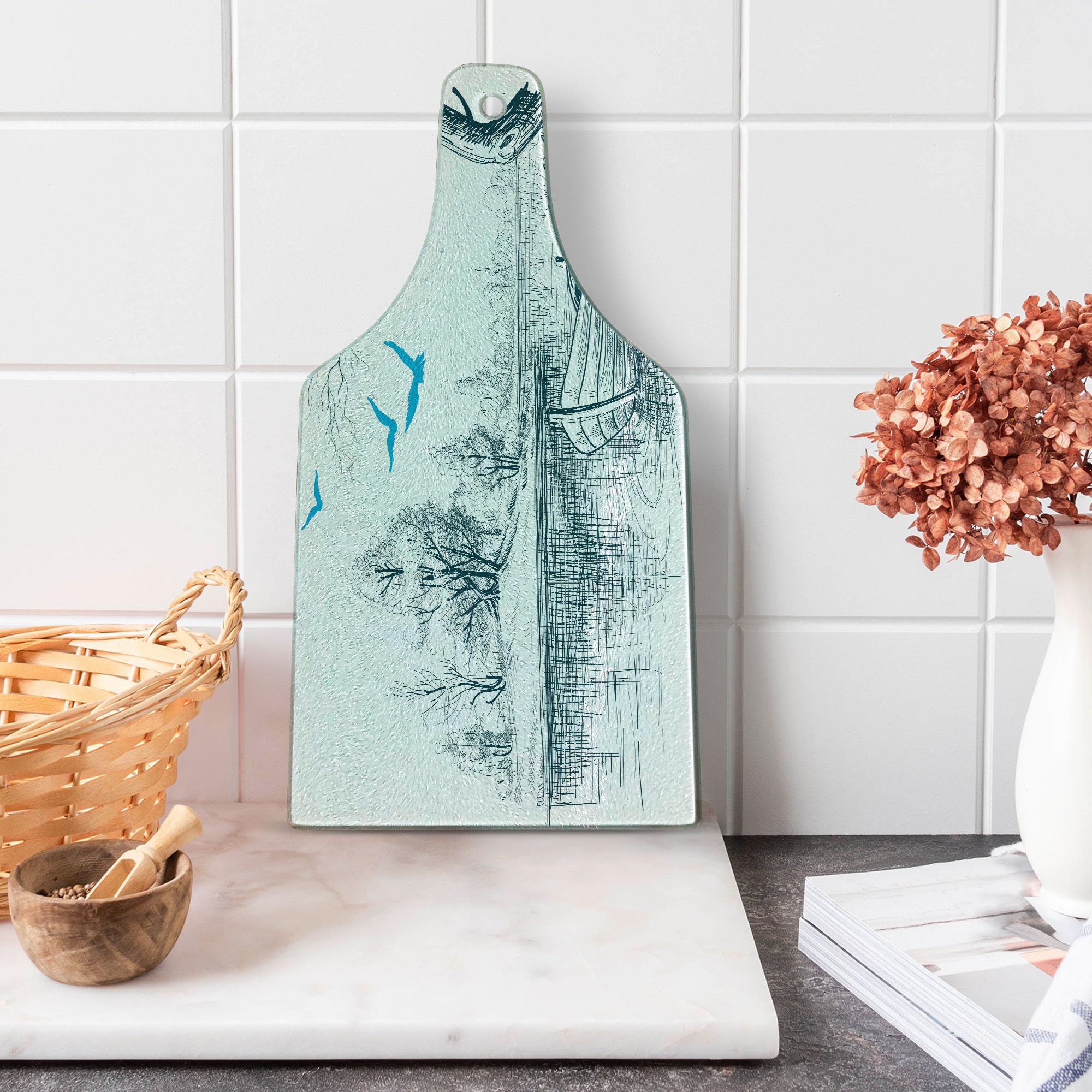 Ambesonne Boat on River Sketch Cutting Board - Tempered Glass Serving Board for Kitchen, Charcuterie & Wine - Minimalist Decorative Design with Trees, Birds & Twigs - White, Gray & Blue - Perfect for Entertaining, Gifts & Home Decor