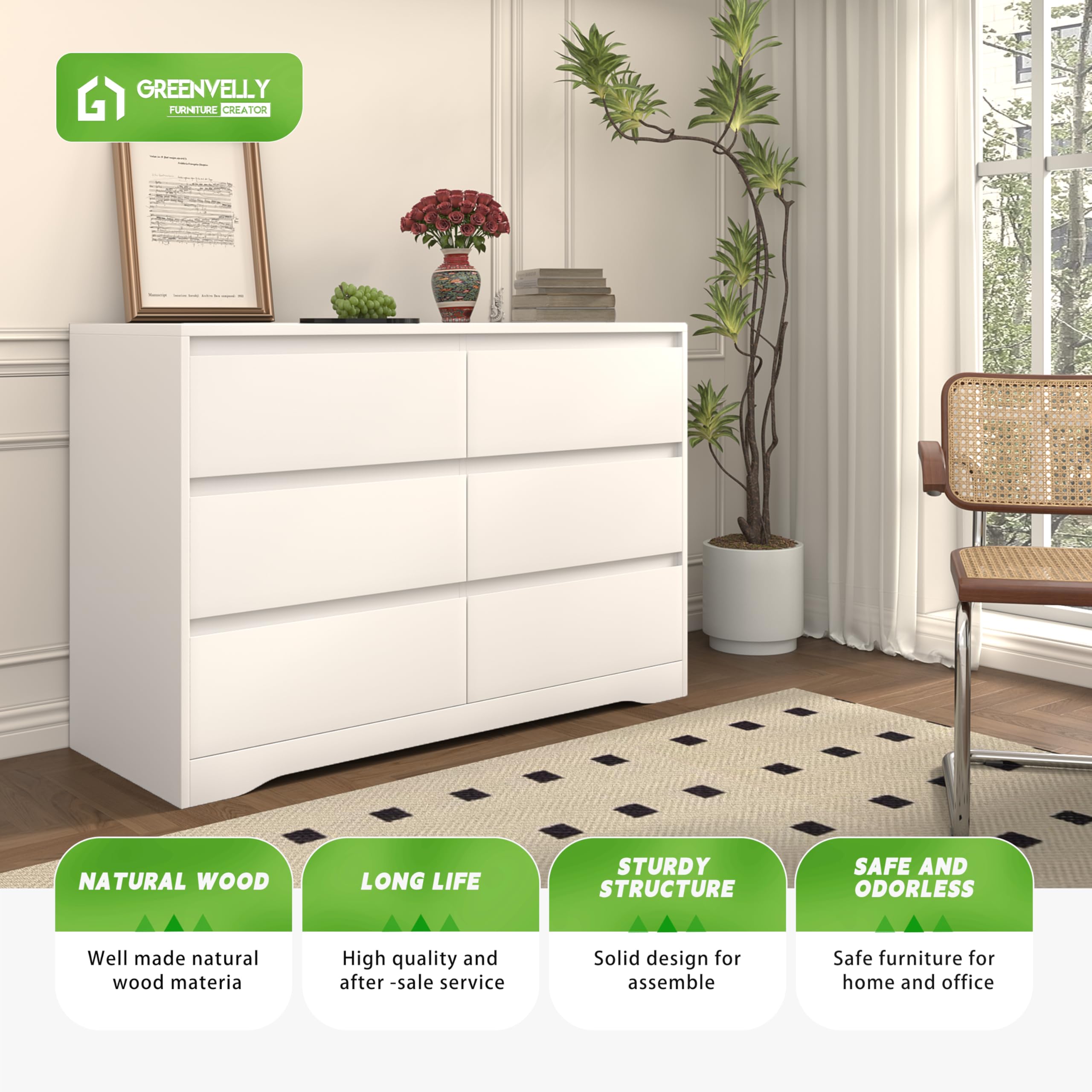 Greenvelly White Dresser with Deep Drawers - Modern 6-Drawer Wooden Chest for Bedroom & Nursery - Spacious Storage Dresser for Women & Family - Perfect for Organizing Clothes, Bedding & Home Decor
