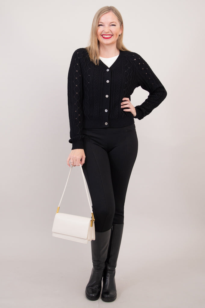 Bena Women's Cotton Cardigan Sweater - Soft & Comfortable Black Open Front Knit Top for Casual Wear & Layering