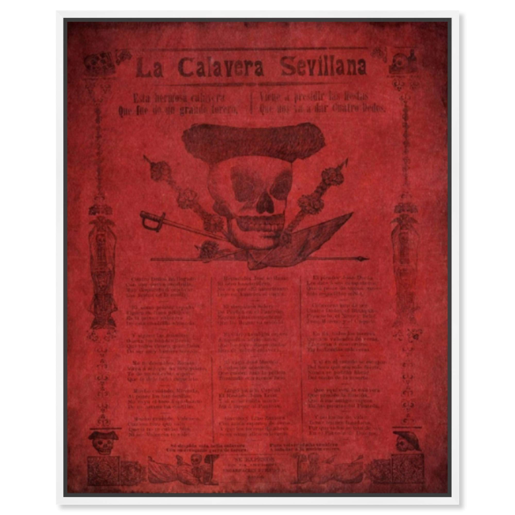 La Calavera Sevillana Framed Canvas Wall Art - 20x24 Inch Red & Black Home Decor Poster - Perfect for Living Room, Bedroom or Office Decoration