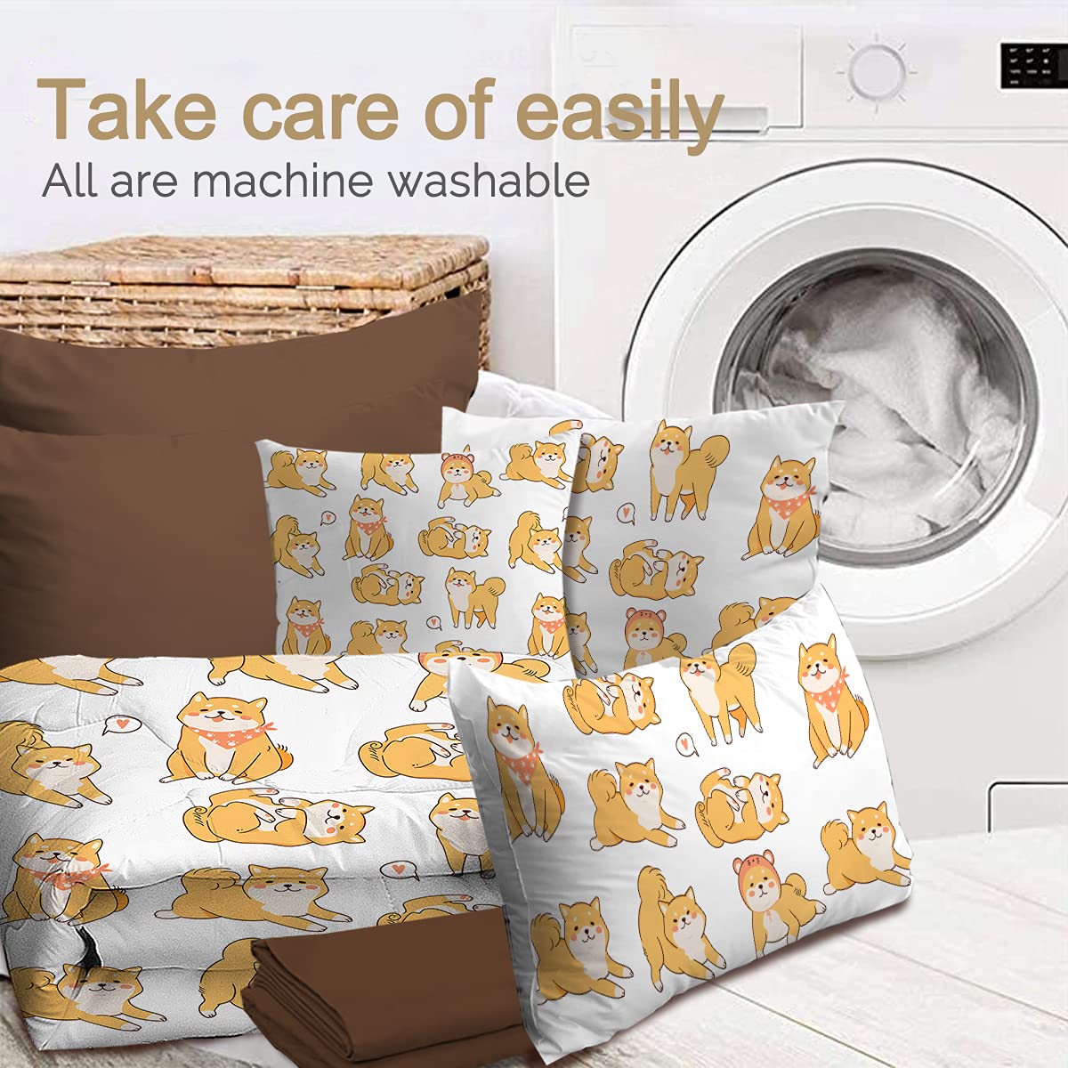 **BlessLiving Shiba Inu Dog Comforter Set King 8-Piece Bedding Set - Cartoon Puppy Kids Bedroom Decor (1 Comforter, 2 Pillow Shams, 1 Flat Sheet, 1 Fitted Sheet, 1 Cushion Cover, 2 Pillowcases) - Perfect for Kids' Rooms, Dormitories & Themed Bedrooms**
