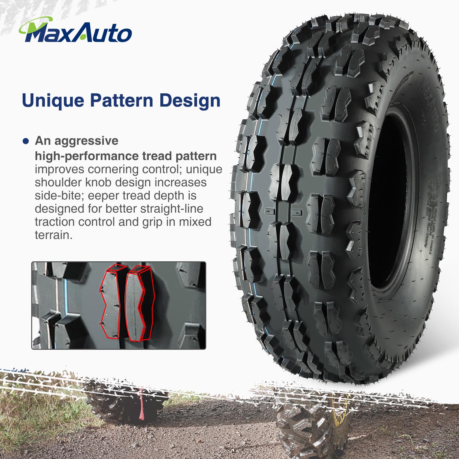 MaxAuto 22x7-10 ATV Tires - 4-Ply All-Terrain Tubeless Knobby Tires for Mud, Sand, Snow & Rock - Set of 2 - Perfect for Sport ATV/UTV Off-Road Adventures & Trail Riding