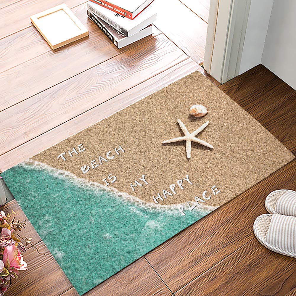 Non-Slip Indoor Welcome Doormat - 'The Beach is My Happy Place' Coastal Design with Sand, Sea, Starfish & Shells - Low Profile Entryway Rug for Front/Back Doors, High Traffic Areas (20x31.5 Inches) - Perfect for Beach House Decor, Coastal Entryways & Vacation Home Style