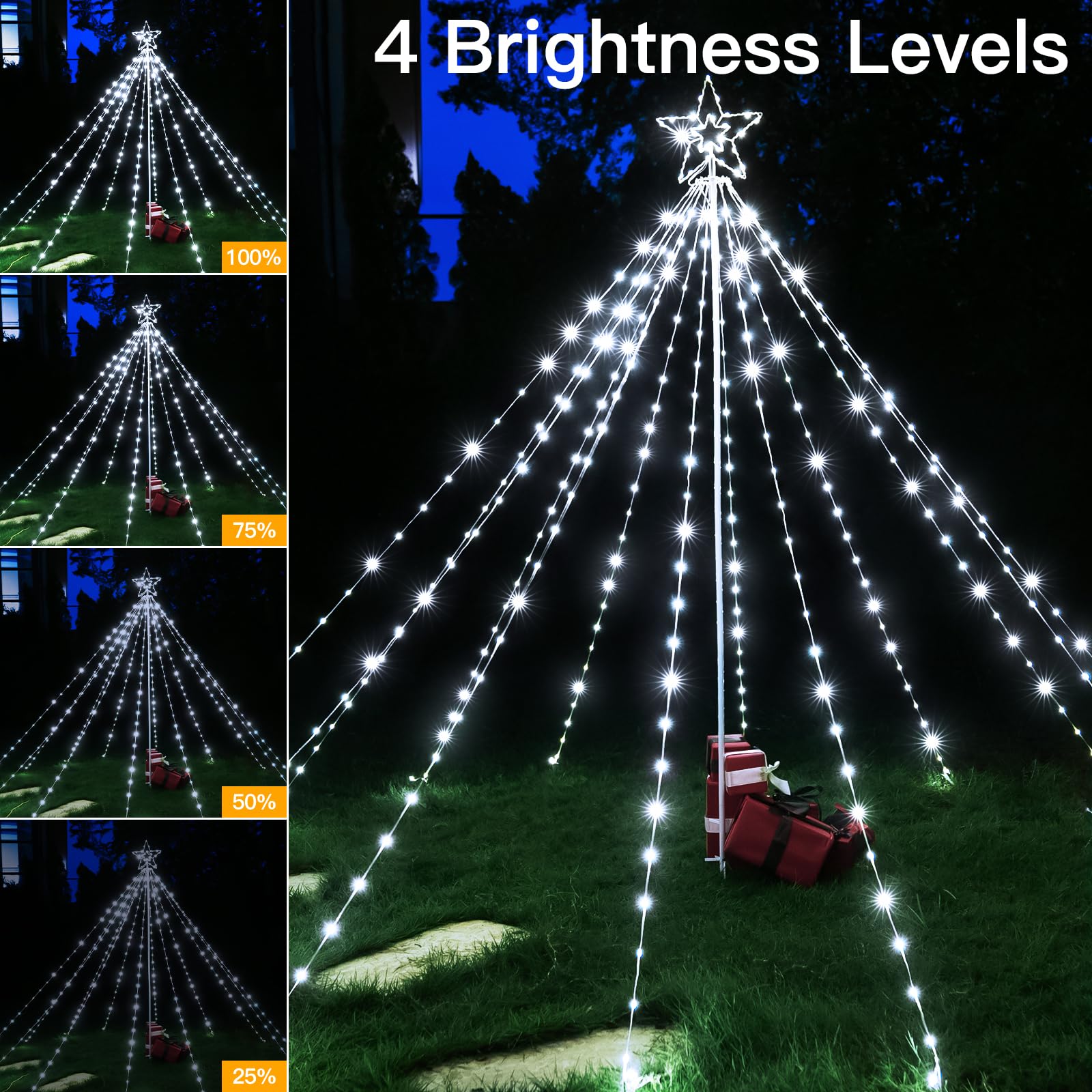Shineshine 340LED Christmas Tree Lights - IP67 Waterproof Outdoor Holiday Decorations with Star Topper, 8 Lighting Modes & 3 Timers, Dimmable for Yard, Garden, Patio (White) HG-6V222C | Perfect for Christmas, New Year, Winter Decor & Outdoor Parties