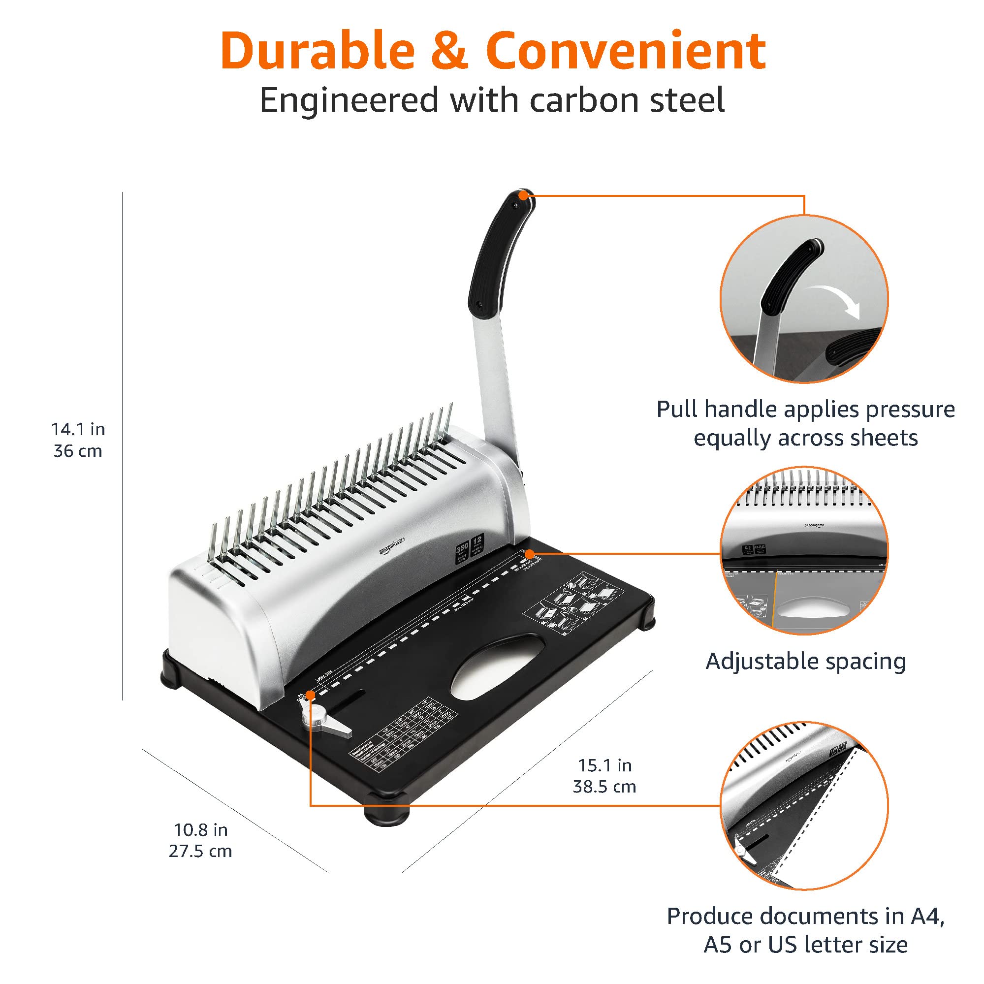 Amazon Basics Comb Binding Machine - 21-Hole, Grey, for Office, School, and Home Document Binding | Perfect for Reports, Presentations, and Booklets
