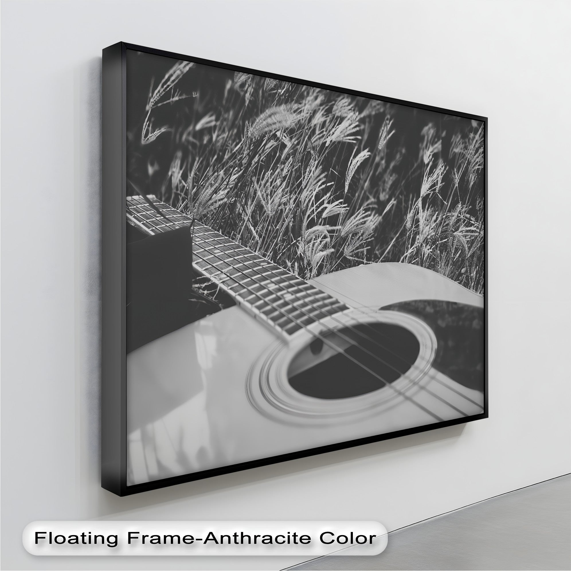 Acoustic Guitar in Field - Black and White Nature Music Canvas Prints | Wall Art Decor for Living Room, Bedroom & Office | Music Lover Gift