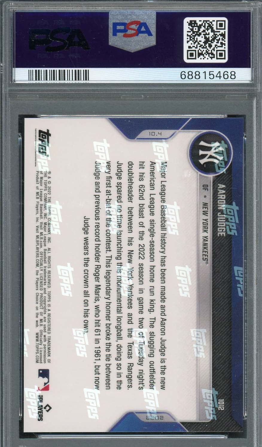 Aaron Judge 2022 Topps Now #1012 Baseball Card PSA 10 Gem Mint - 62 Home Run Record Season Collector's Item for Sports Memorabilia & Yankees Fans Display