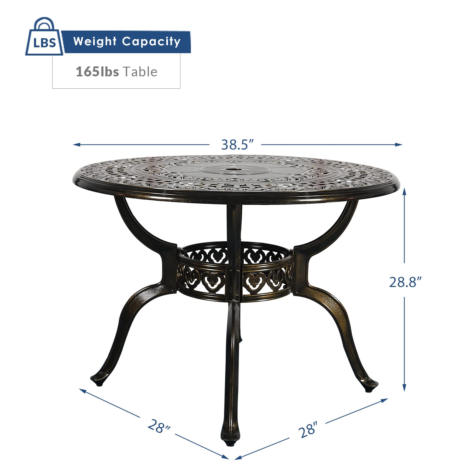 38.5 Inch Round Outdoor Dining Table - Bronze Cast Aluminum Rustic Patio Table with Umbrella Hole | Perfect for Backyard, Garden, Poolside & BBQ Gatherings