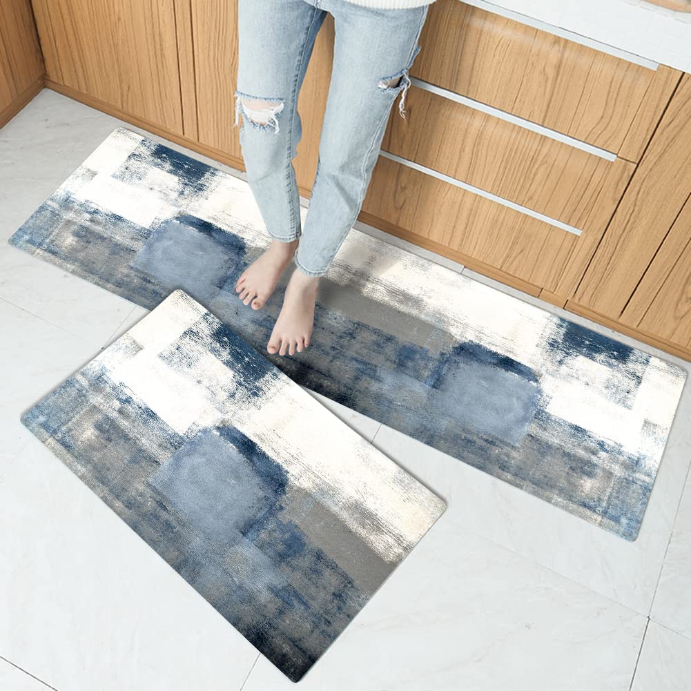 AILUER Anti-Fatigue Kitchen Rugs Set of 2 - Soft Cushioned White and Grey Abstract Modern Design Non-Slip Floor Mats for Kitchen, Laundry & Entryway - Perfect for Cooking, Cleaning and High-Traffic Areas