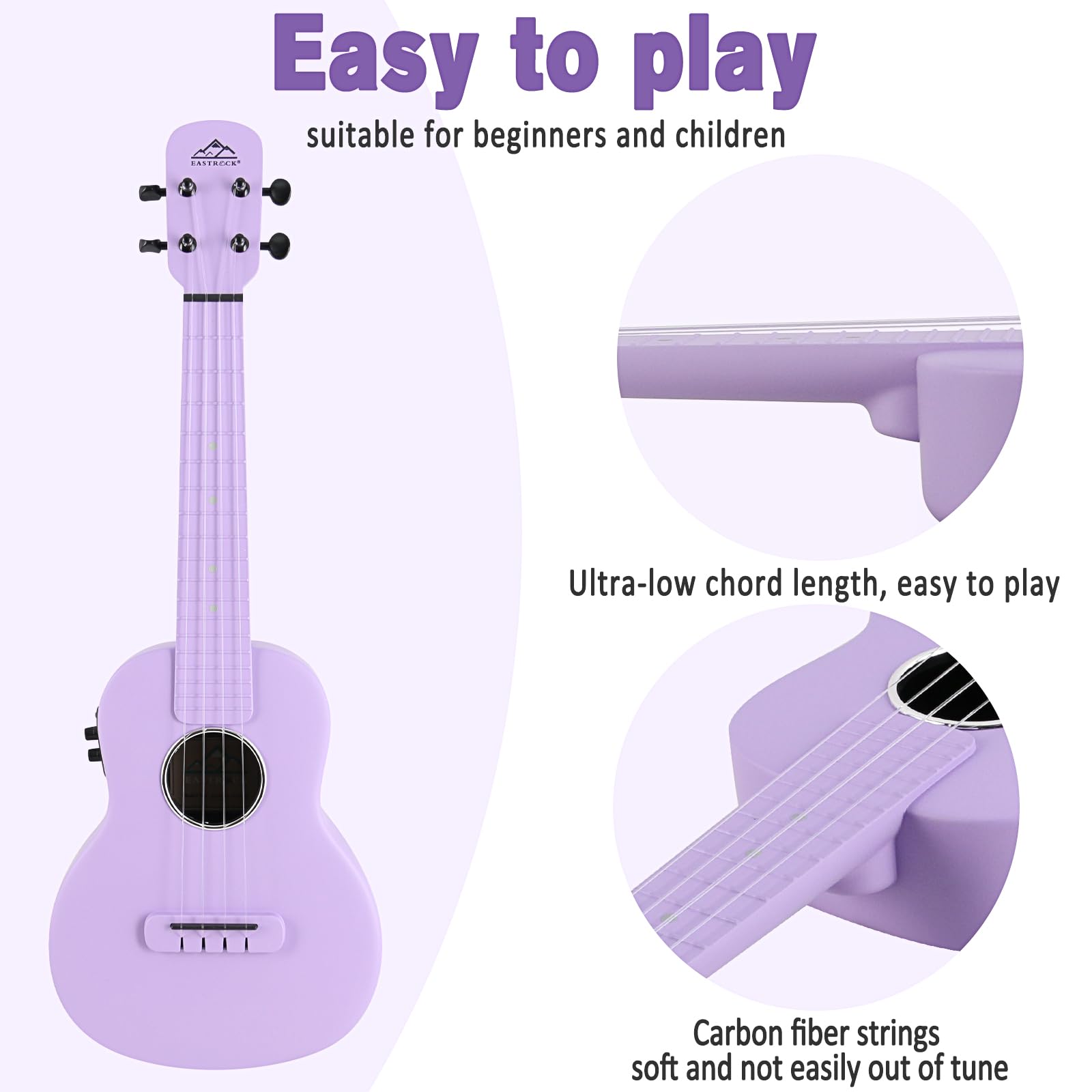 EASTROCK 23 Inch Carbon Fiber Electric Concert Ukulele Kit - Professional Ukelele for Kids, Students & Adults with Case, Strap, Capo & Strings (Purple) | Perfect for Beginners, Live Performances & Home Practice