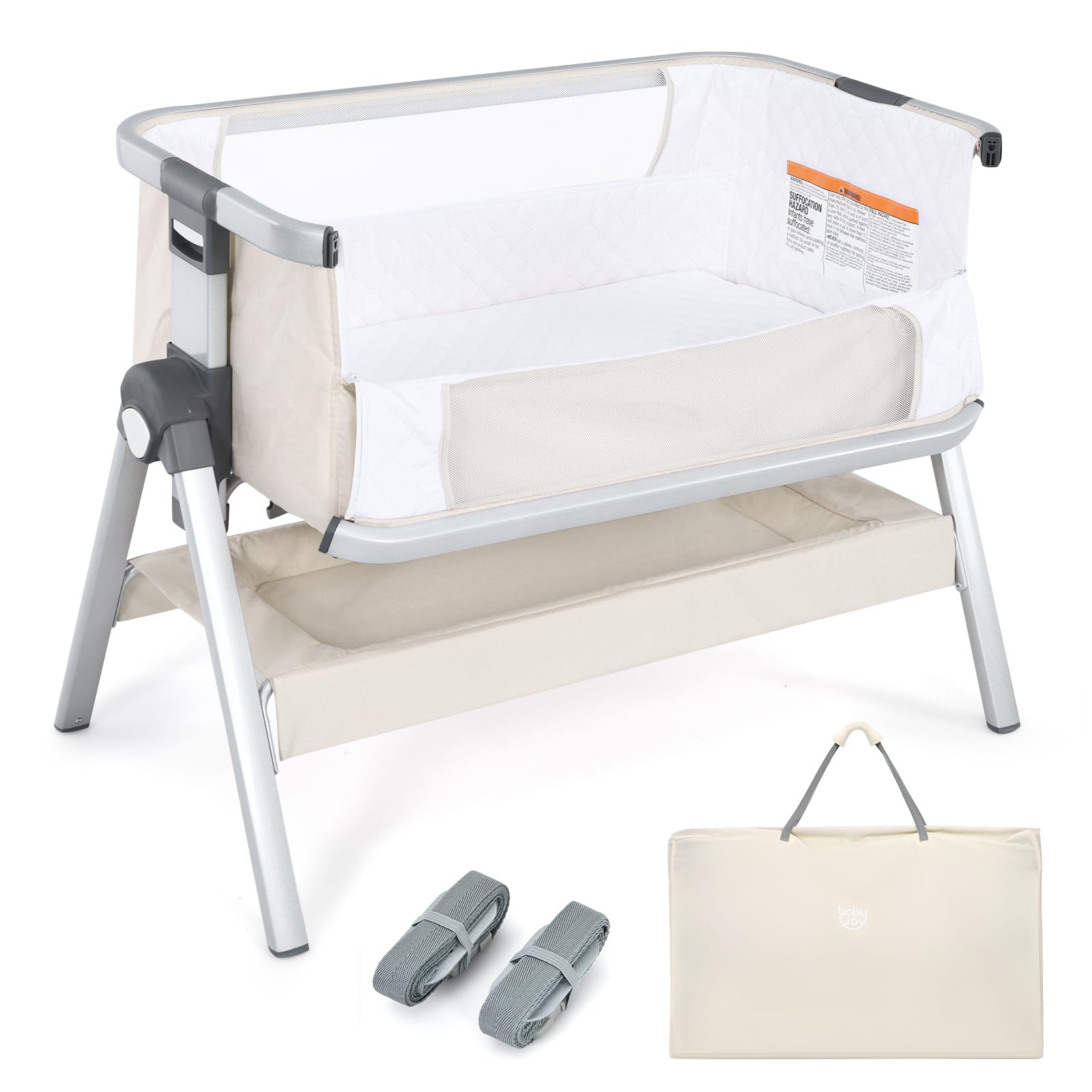 **BABY JOY Portable Bassinet Bedside Crib with Mattress - Adjustable Height, Storage Basket & Travel Bag - Safe Newborn Sleeper for Nursery, Travel & Co-Sleeping (Beige)**