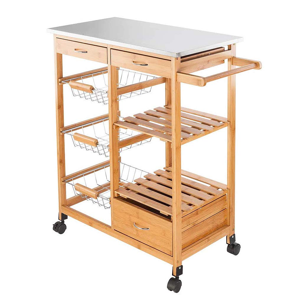 Stainless Steel Rolling Kitchen Island Cart with 3 Drawers & 3 Baskets - Wooden Mobile Serving Cart for Food & Beverages Storage - Perfect for Small Kitchens, Dining Rooms & Buffet Serving (Natural Wood Color)