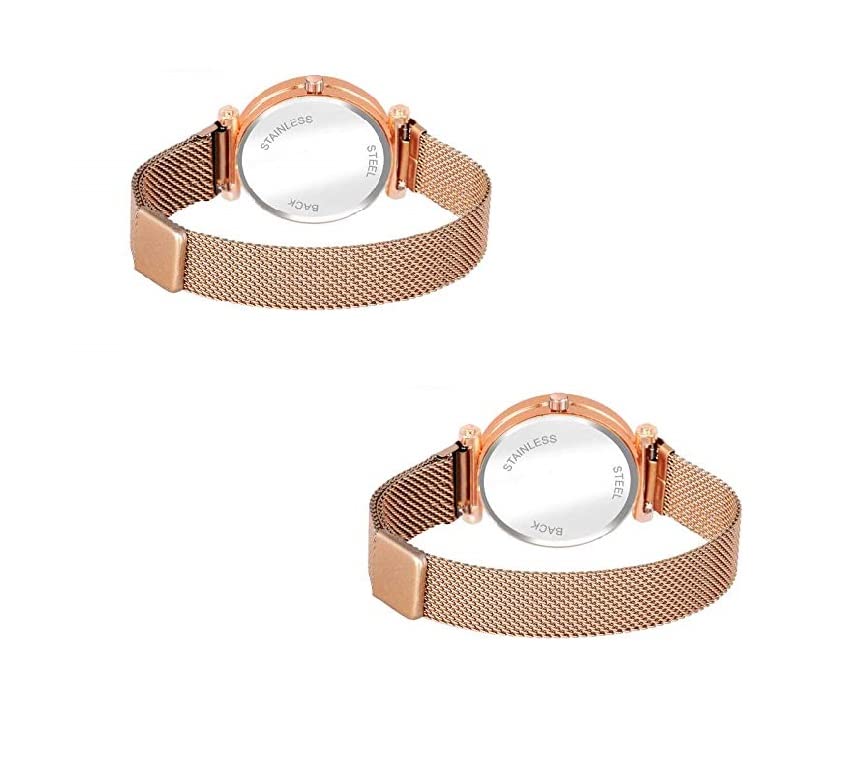 KIARVI GALLERY Women's Analog Watch Set - 2 Pack Magnetic Strap Watches with Black Queen & Off-White Heart Dials in Rose Gold (Perfect for Daily Wear, Gift Giving & Fashion Accessories)