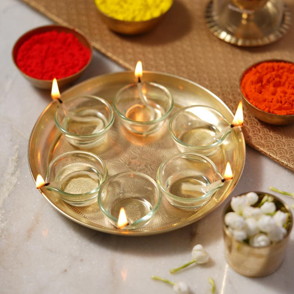 Borosil Glass Diya Set of 6 - Handmade Indian Tea Light Candle Holders for Home Decor, Pooja, Wedding & Festival Celebrations