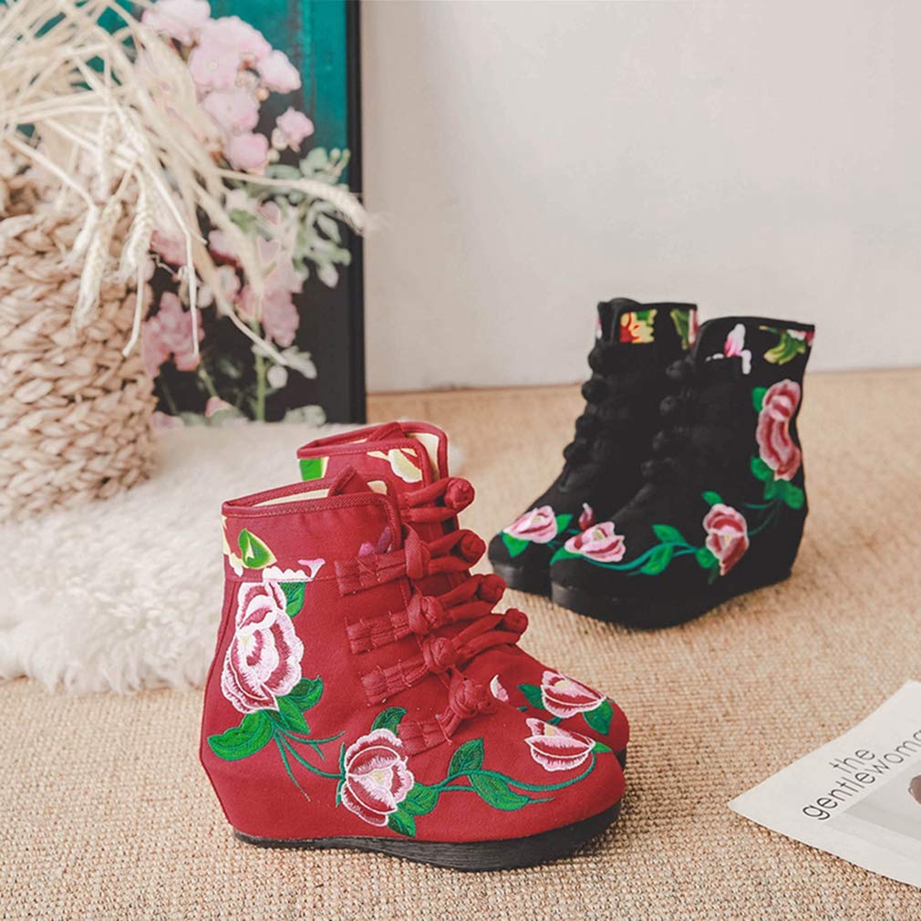 GIY Women's Embroidered Floral Wedge Ankle Boots - Retro Round Toe Buckle Booties with Mid Heel for Casual Outfits, Date Nights & Office Wear