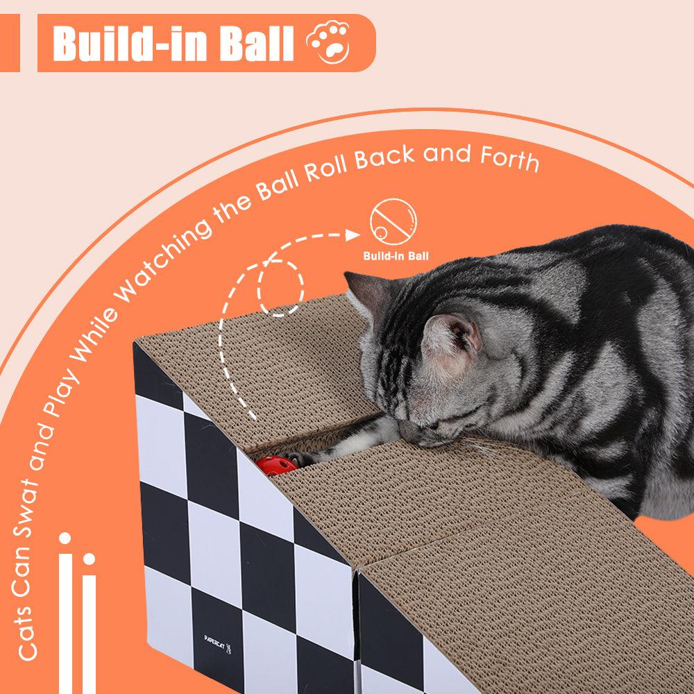 Durable Cat Scratching Board with Ball - 2-in-1 Triangle Cardboard Scratcher & Lounge Bed for Cats - Multiple Scratching Angles, Recyclable Furniture Protector (Black & White) - Perfect for Indoor Play & Sofa Protection