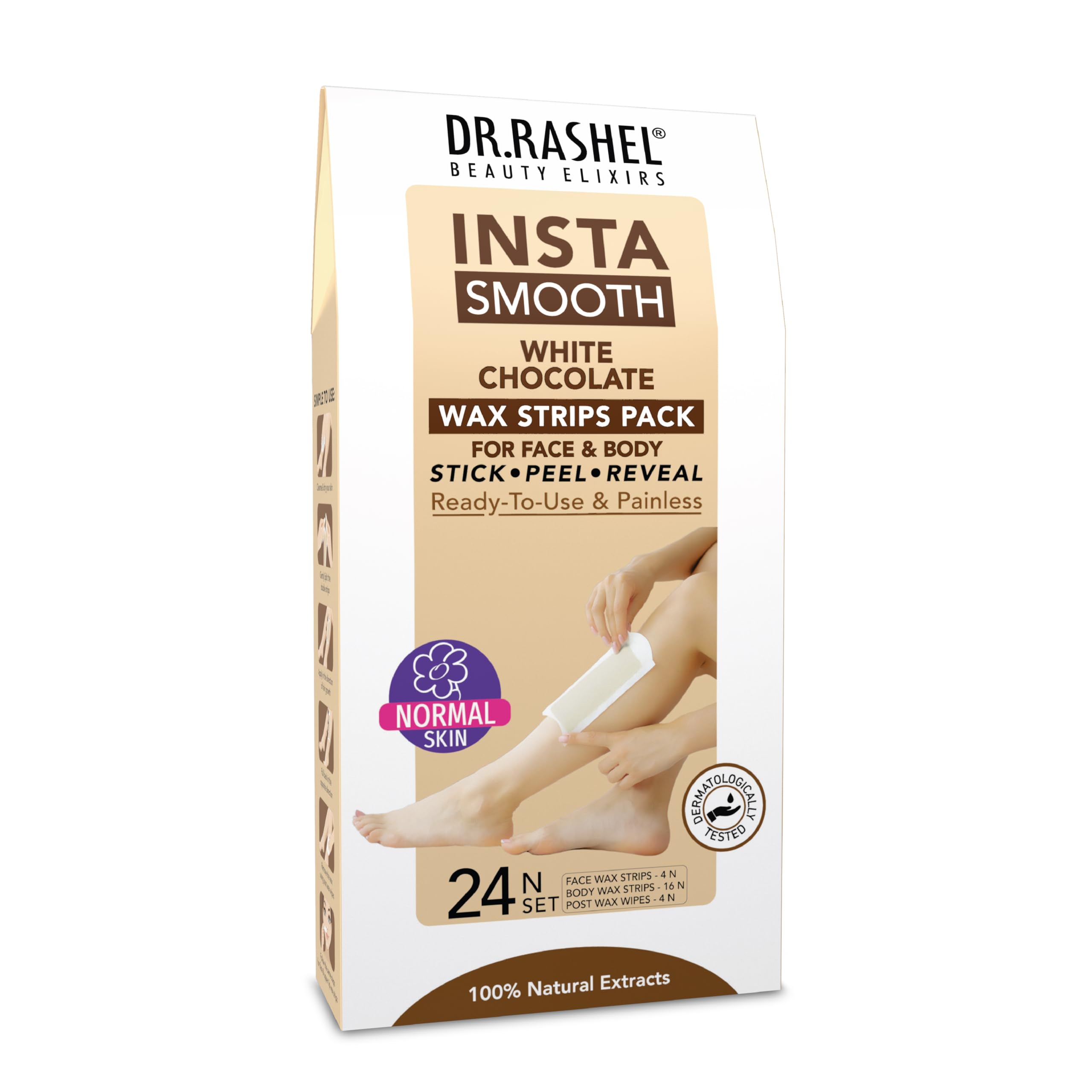 DR.Rashel Insta Smooth White Chocolate Wax Strips - 24 Count for Face & Body Hair Removal | Painless & Gentle Waxing Kit for Smooth Skin | Perfect for Home Use, Travel & DIY Beauty Care