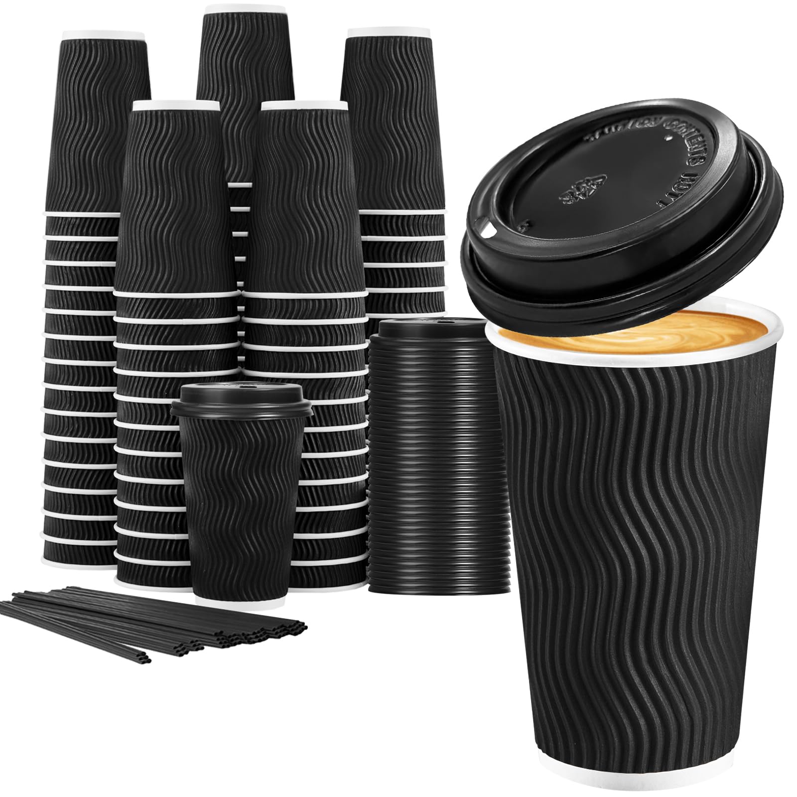 Lamosi 16 oz Disposable Coffee Cups with Lids - 50 Pack Insulated Hot Paper Cups for Coffee, Tea & Hot Drinks - Leakproof Travel Cups with Straws & Corrugated Ripple Wall - Perfect for Office, Coffee Shops, Cafes & Takeout (Black)