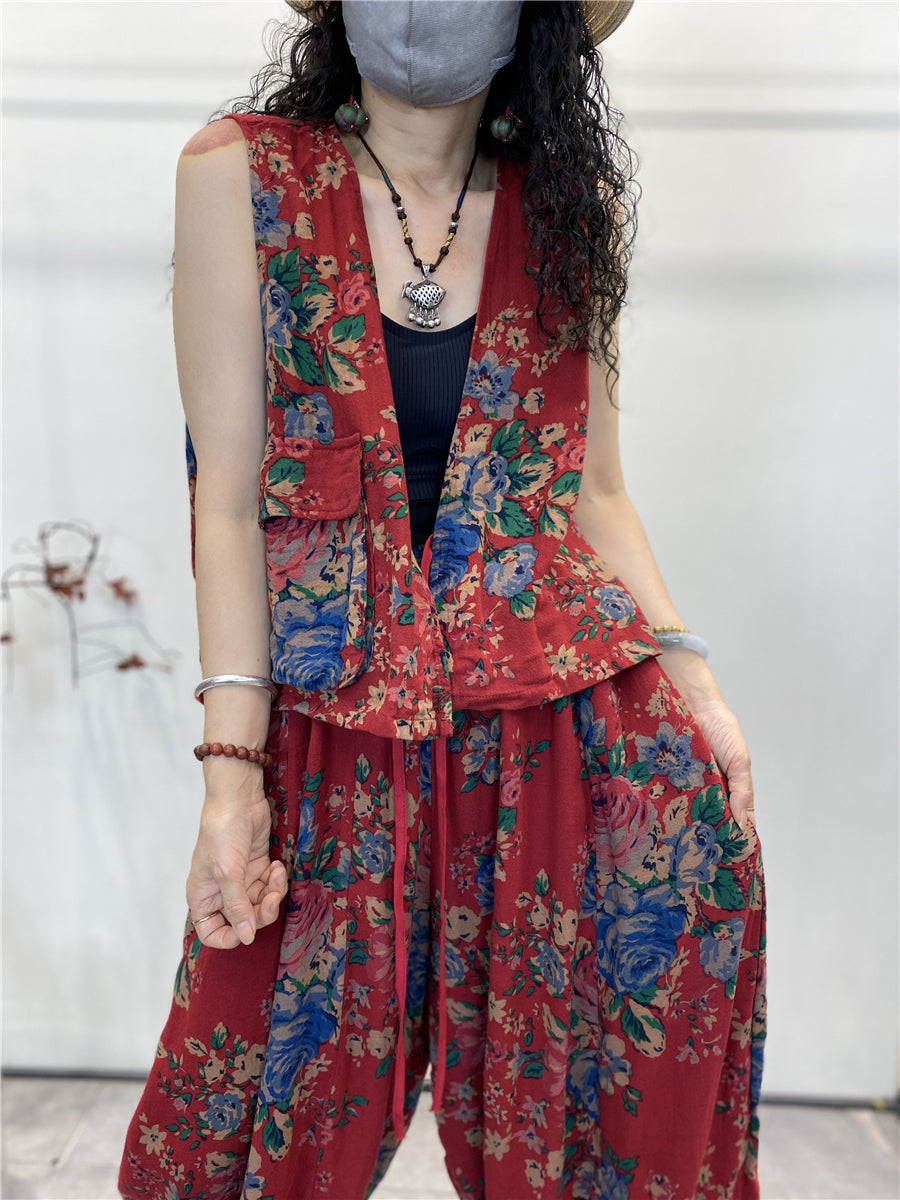 Plus Size Women's Summer Vintage Floral Cotton Vest with Pockets - Casual Boho Style for Beach, Travel & Outdoor Activities