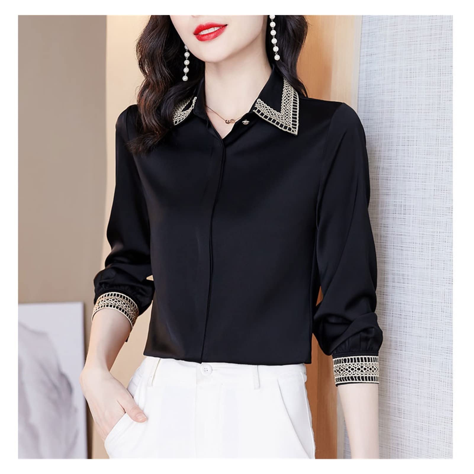 Elegant Long Sleeve Chiffon Blouse for Women - Turn Down Collar Feminine Tops (Color A, Size L) | Perfect for Office Wear, Date Nights & Special Occasions