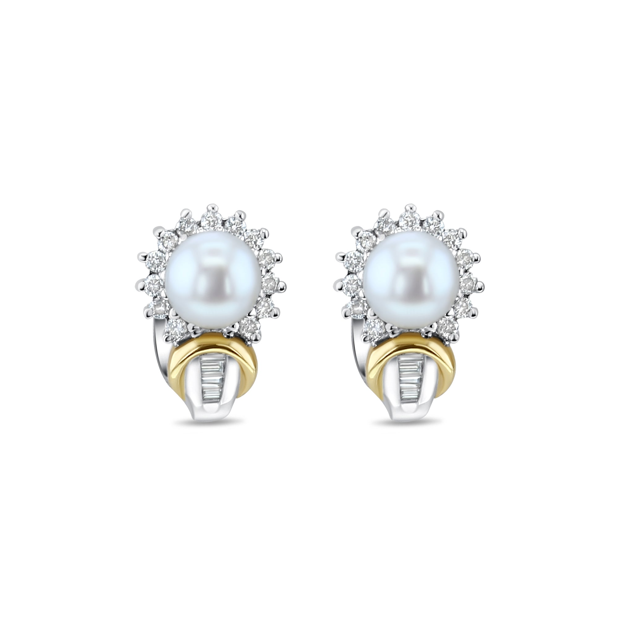 14K Two-Tone Gold Pearl & Diamond Halo Earrings with Diamond Accents - Elegant Jewelry for Weddings, Parties & Special Occasions