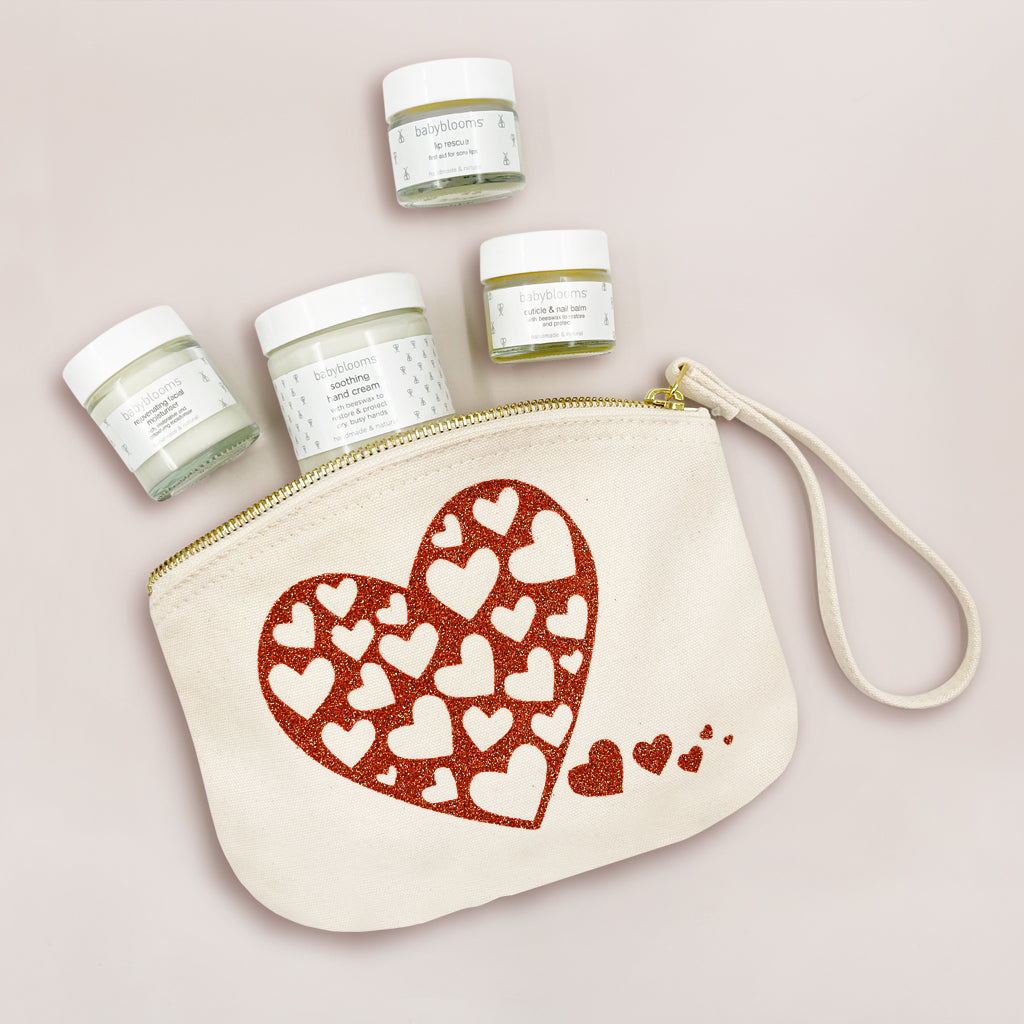 Organic Heart-Shaped Canvas Pouch with All-Natural Skincare Set | Perfect for Travel, Gifts & Daily Essentials Storage