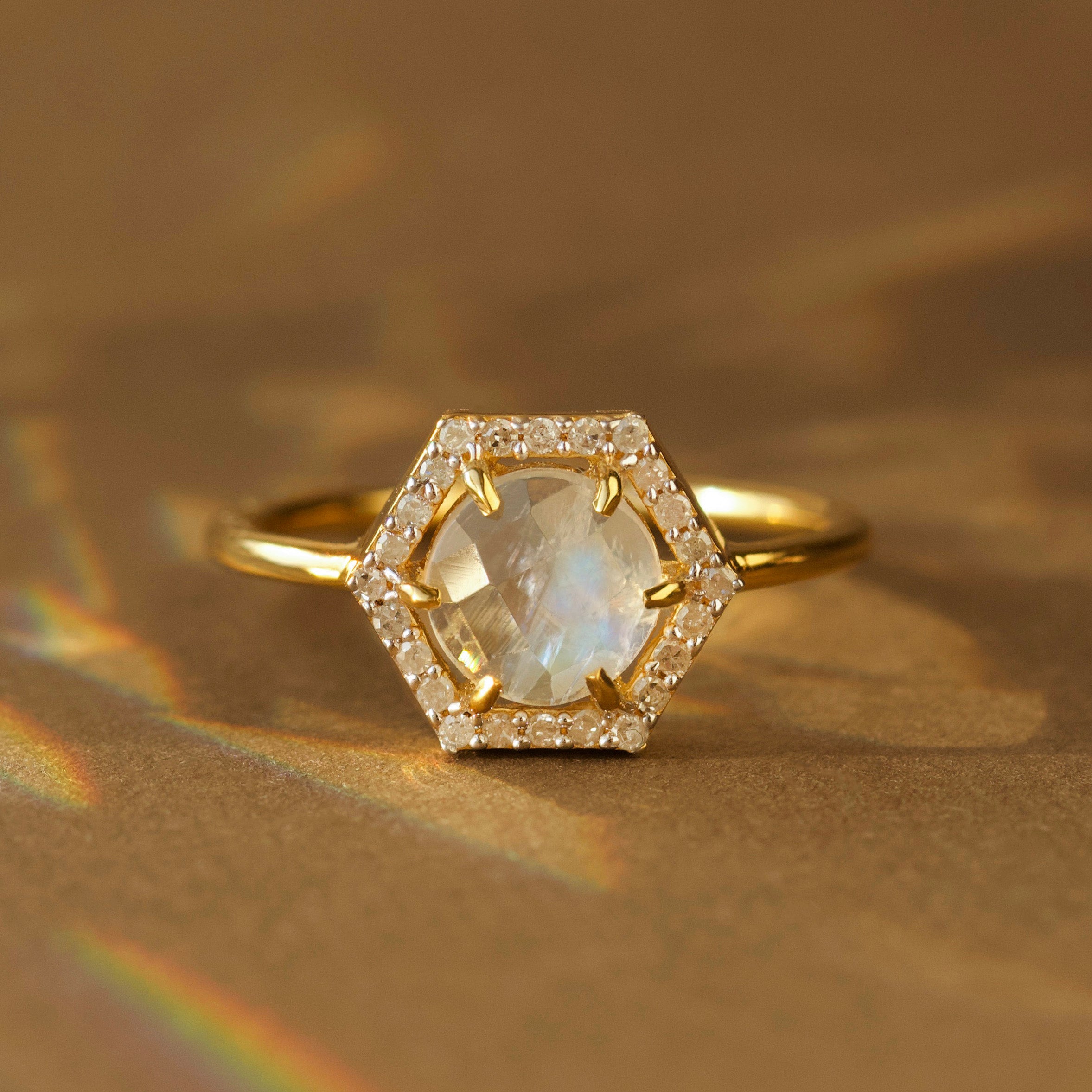 Moonstone & Diamond Hexagon Ring for Women - Elegant Vintage Jewelry for Engagement, Wedding, and Special Occasions