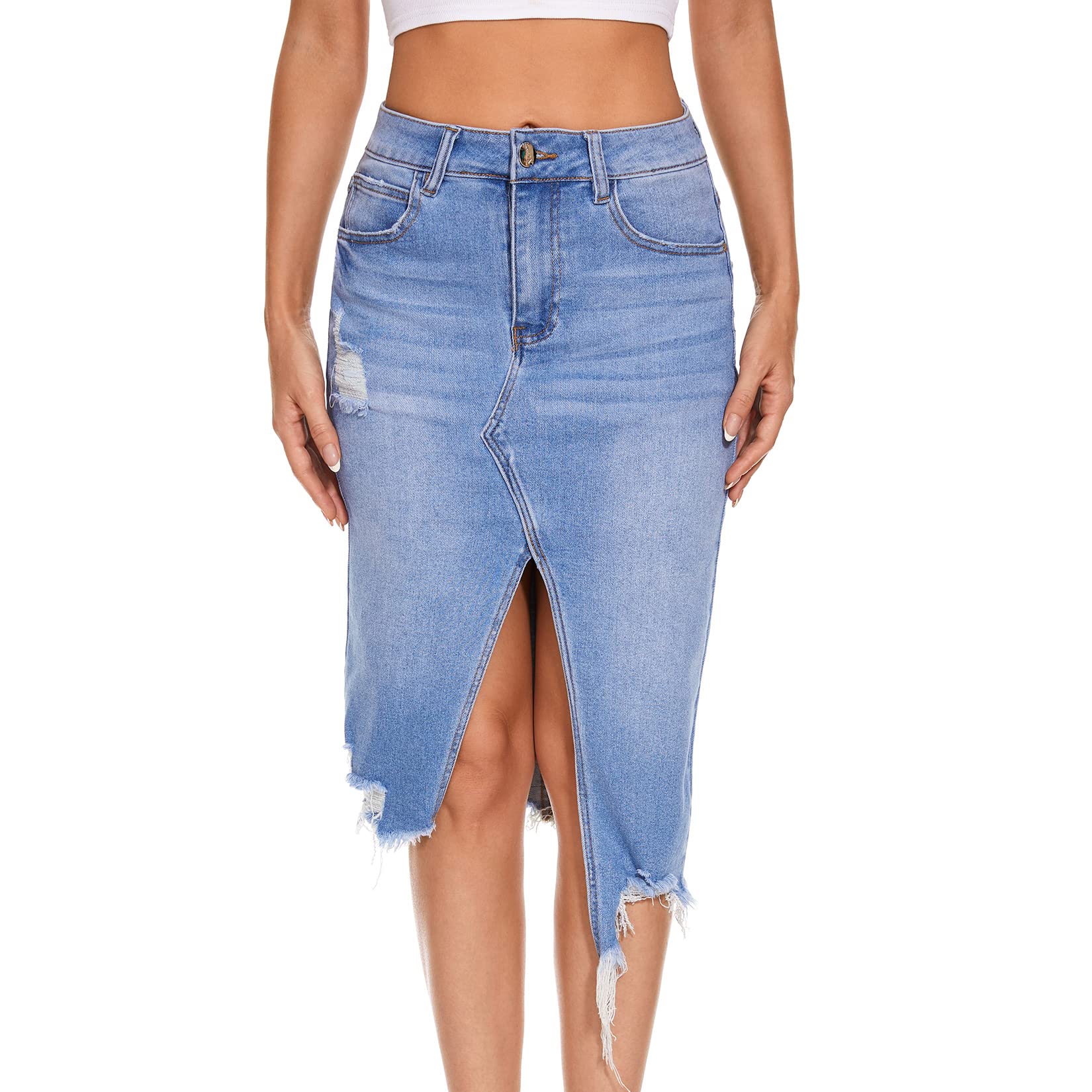 VIPONES Women's Denim Skirt - Stretch Ripped Raw Hem Frayed Shorts - Mid Waist Casual Mini Skirt for Summer Outfits & Street Style Fashion